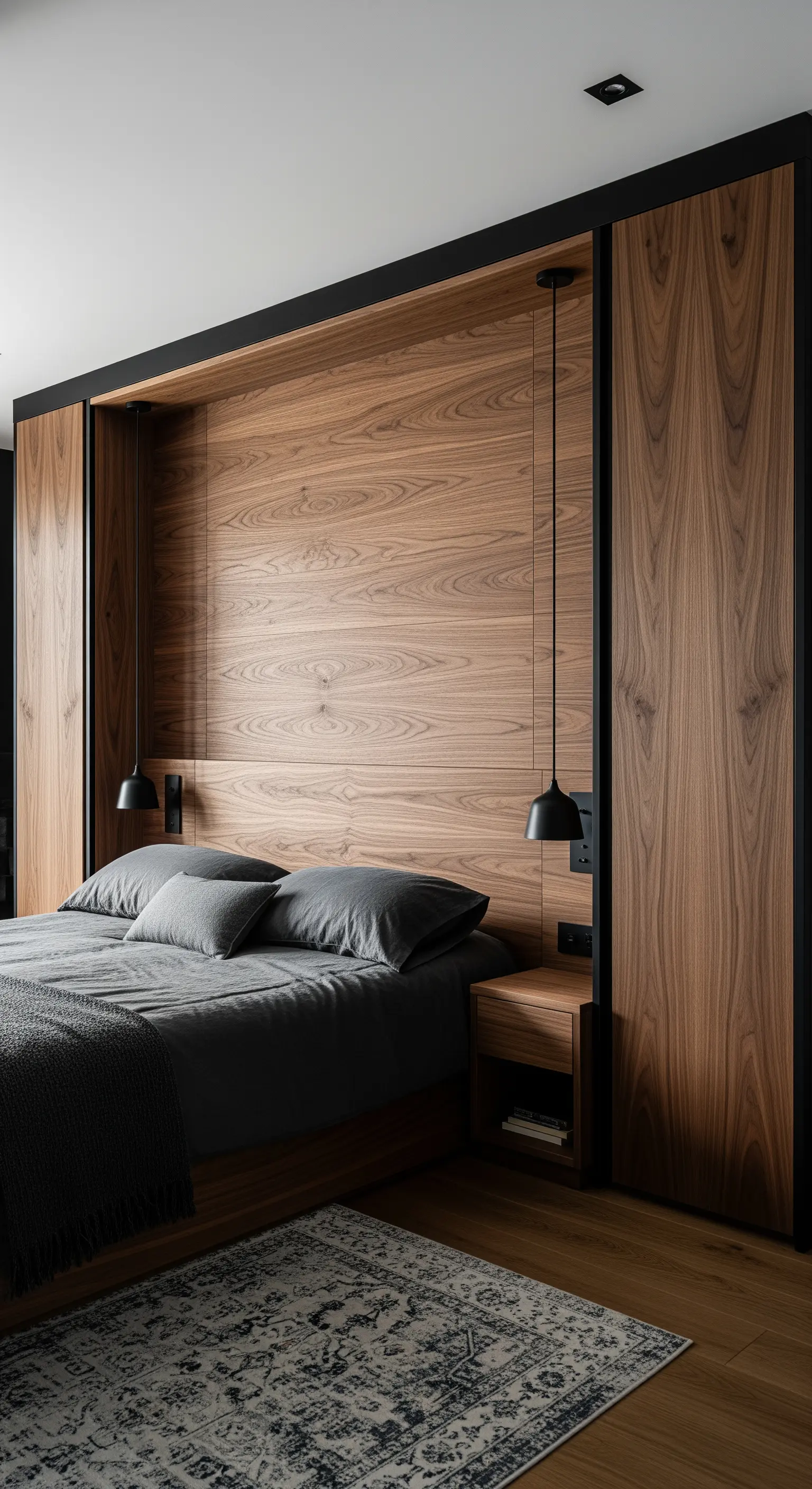 Schlafzimmer mit einer Bettnische aus dunklem Walnussholz und schwarzen Akzenten.