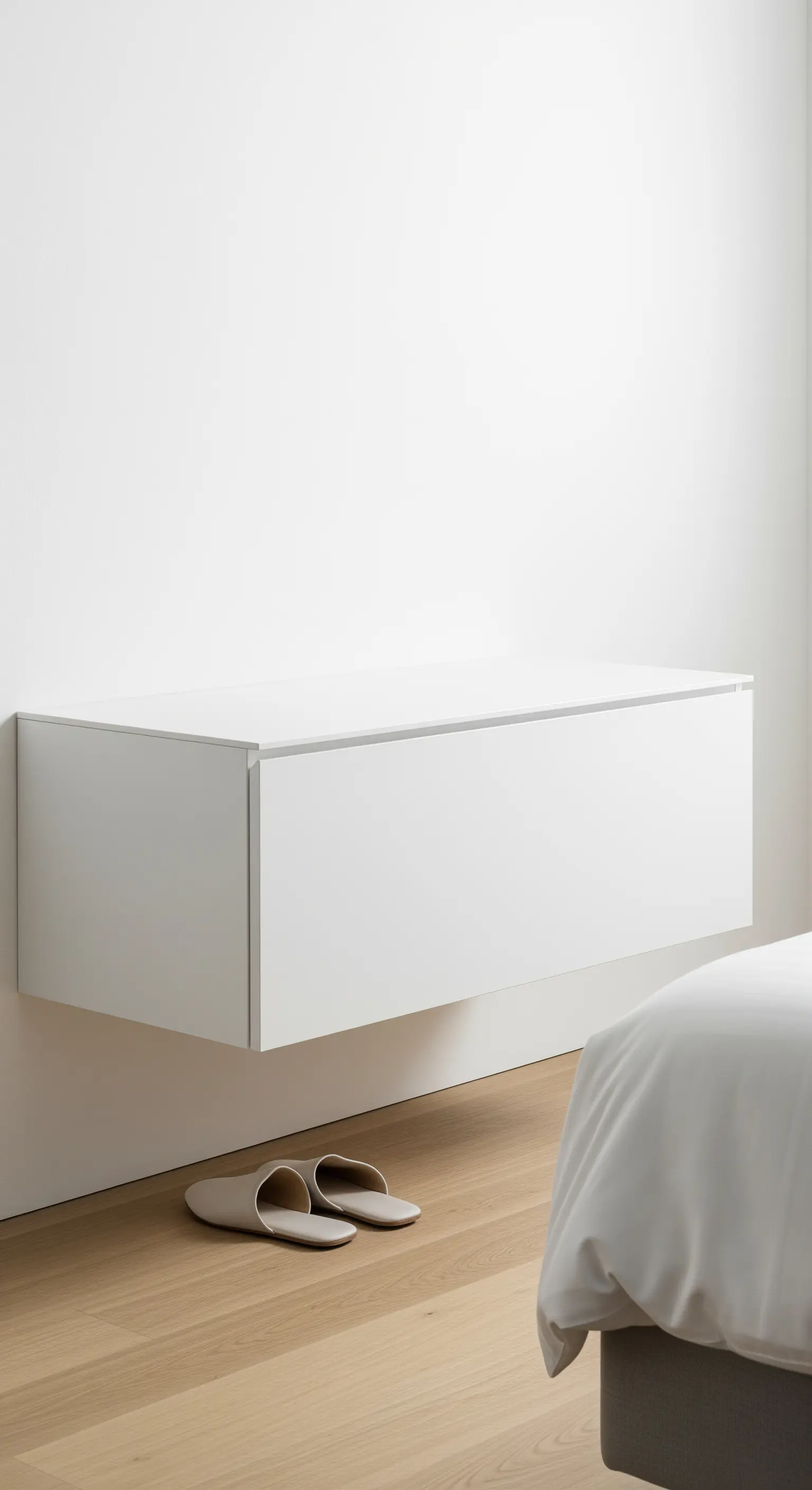 Breites, weißes schwebendes Schubladenelement an einer weißen Wand montiert.