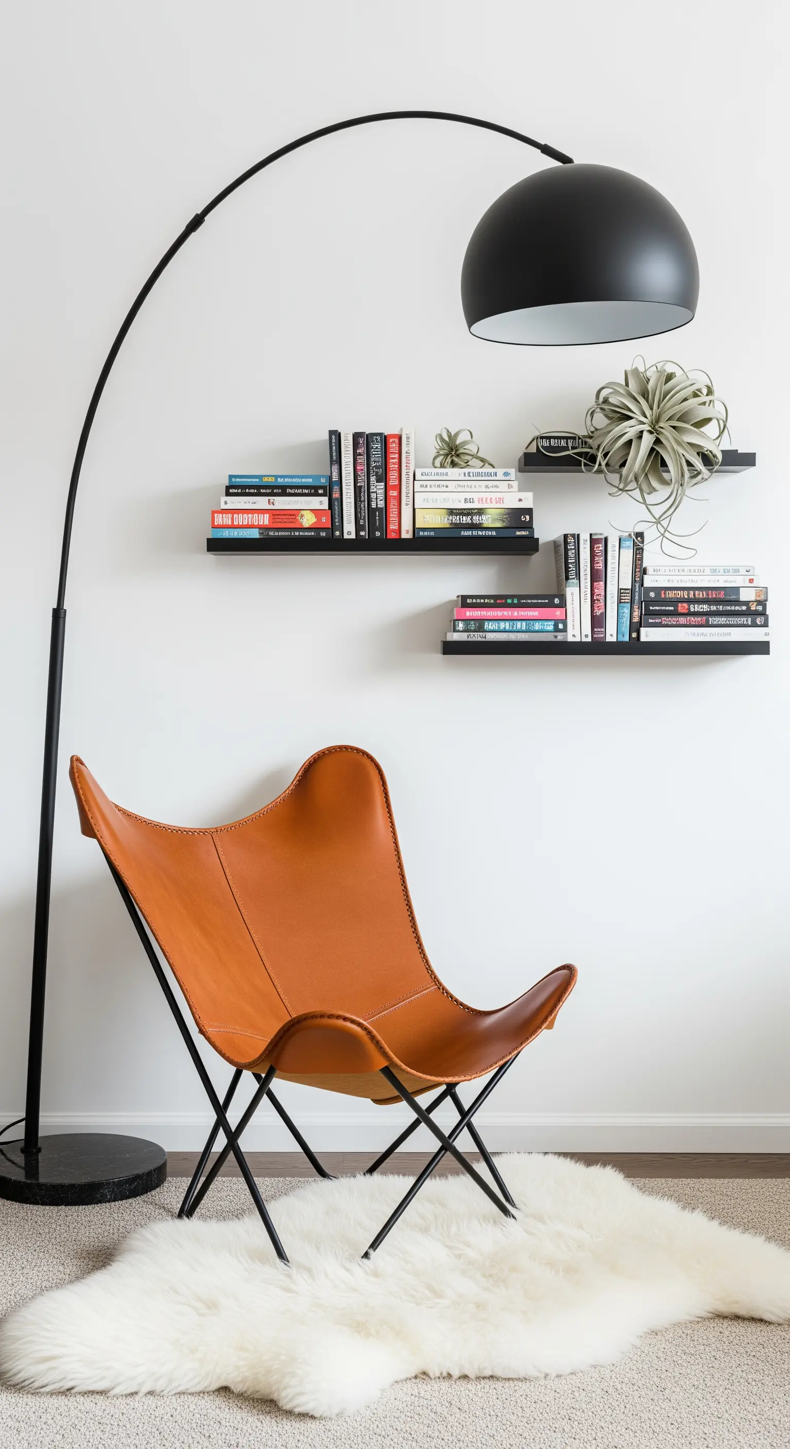 Leseecke mit Leder-Butterfly-Sessel, Bogenlampe und einem kleinen Schaffell-Teppich.