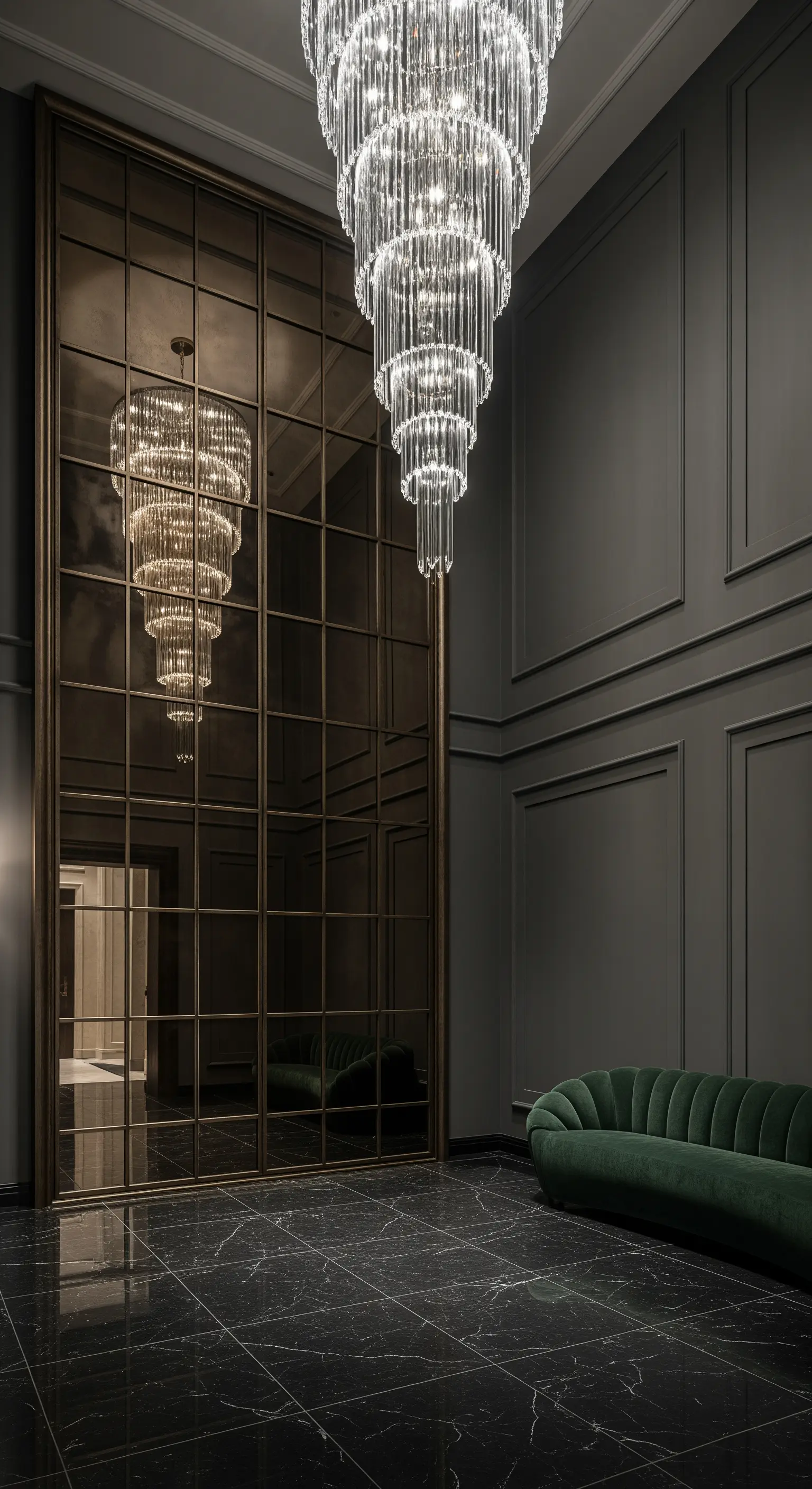 Große getönte Spiegelwand reflektiert einen Kristall-Kronleuchter im Eingangsbereich.