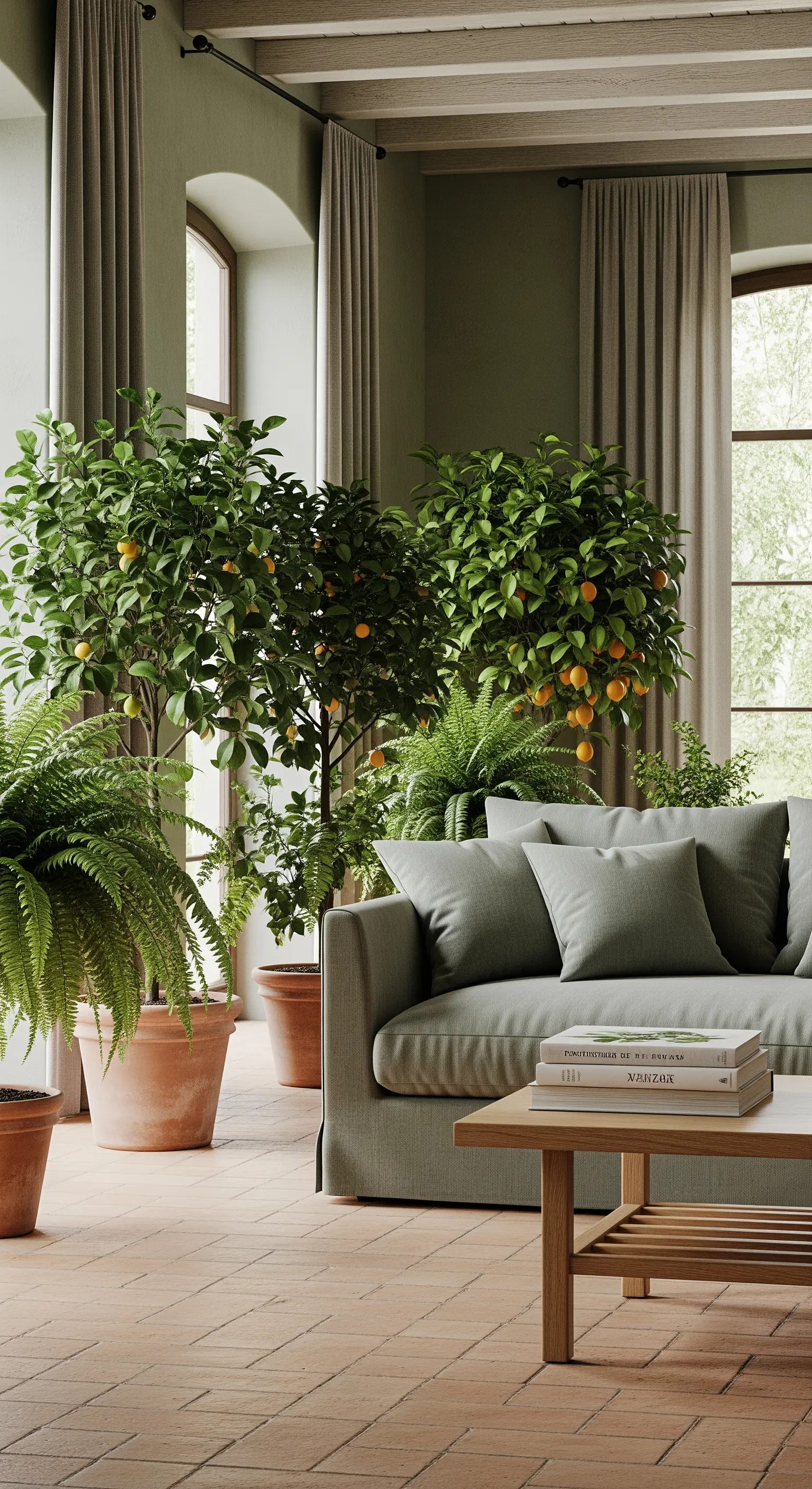 Wohnzimmer mit Terrakotta-Boden, einem grünen Sofa und mehreren großen Zitrusbäumen in Töpfen.