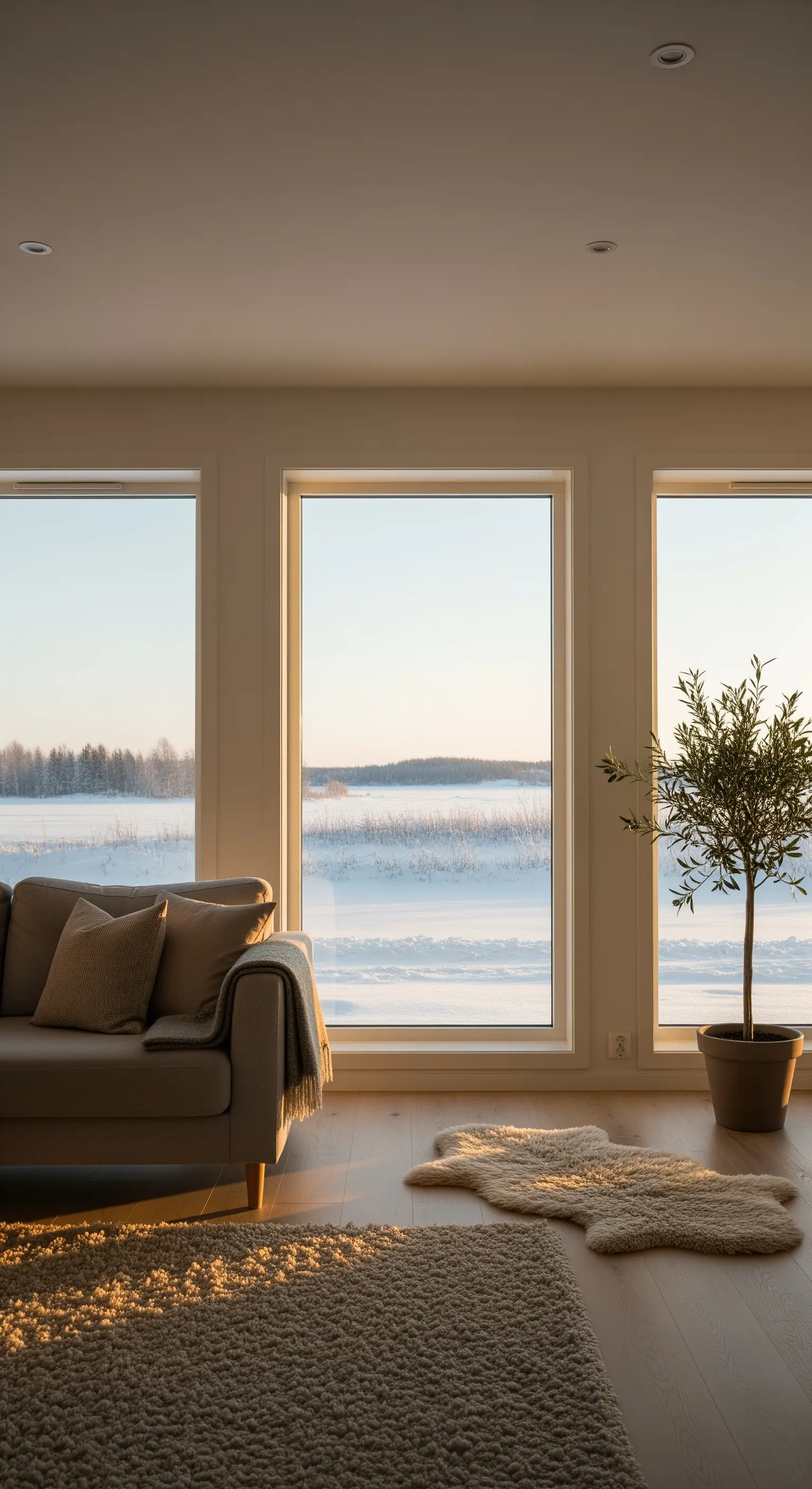 Wohnzimmer mit drei großen Fenstern, die den Blick auf eine verschneite Landschaft freigeben.