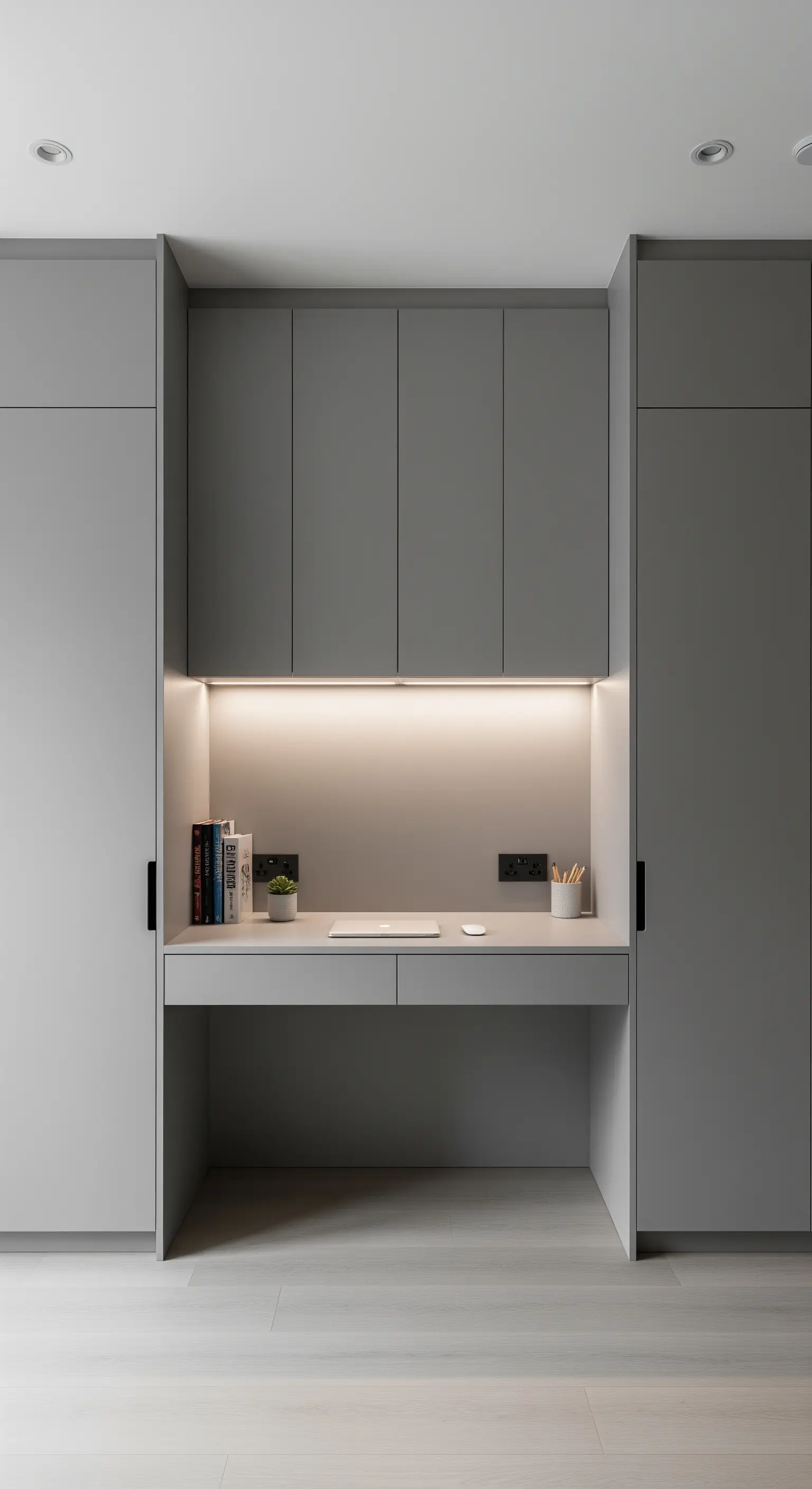 In eine graue Schrankwand integrierter Schreibtisch mit LED-Beleuchtung.