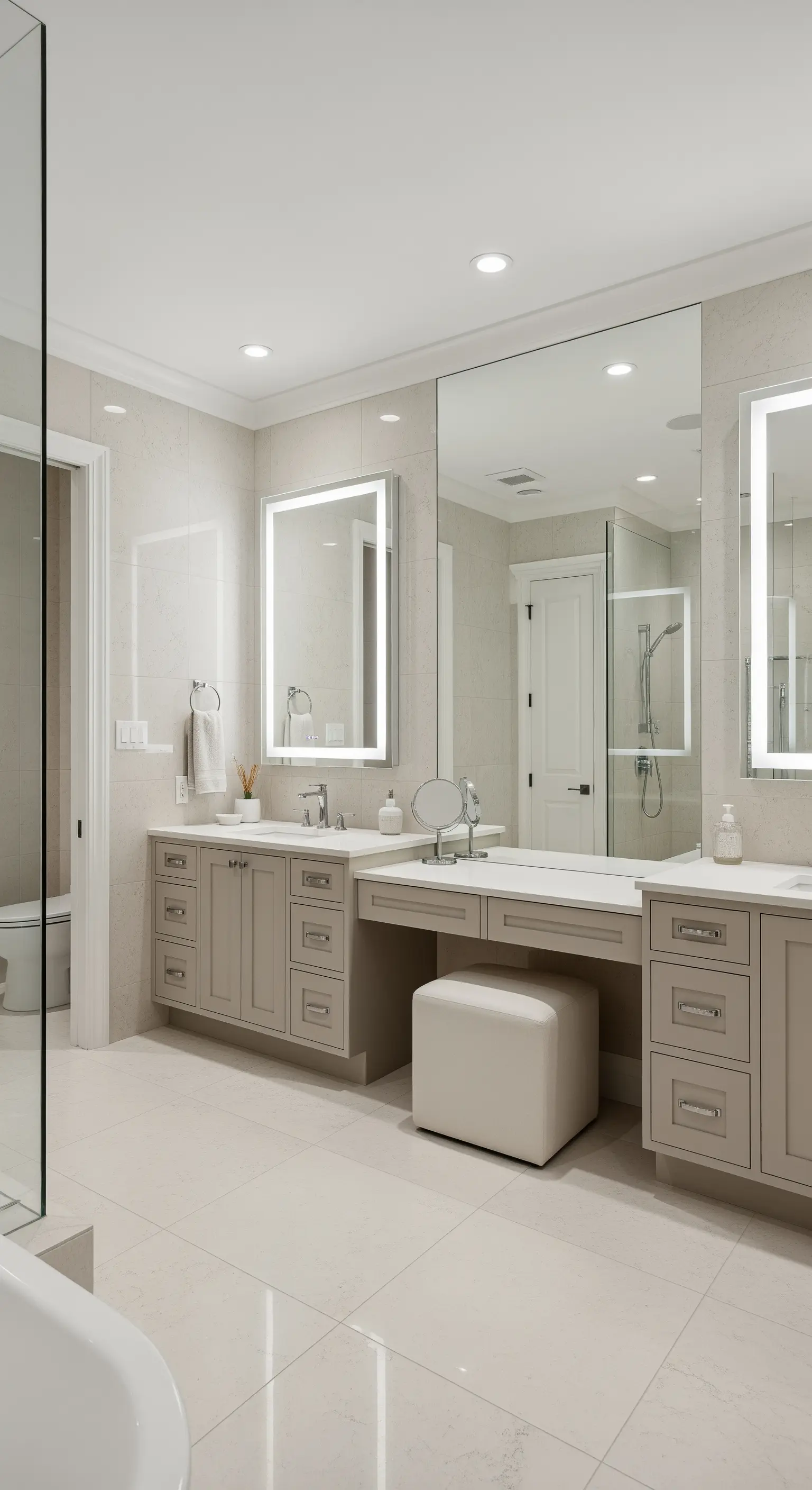 Moderner Waschtisch mit integriertem Schminkplatz und separatem LED-Spiegel.