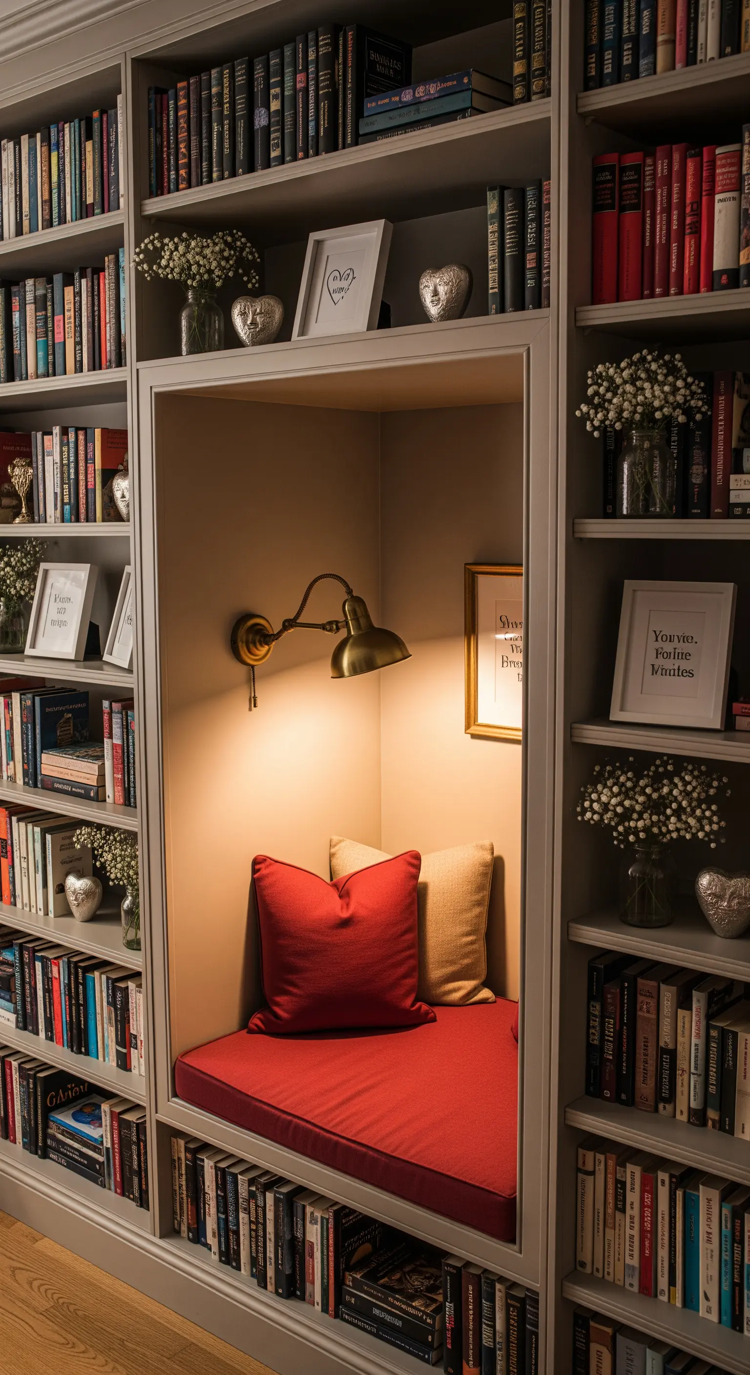 Eine gemütliche, beleuchtete Lesenische, die in ein großes Bücherregal integriert ist.