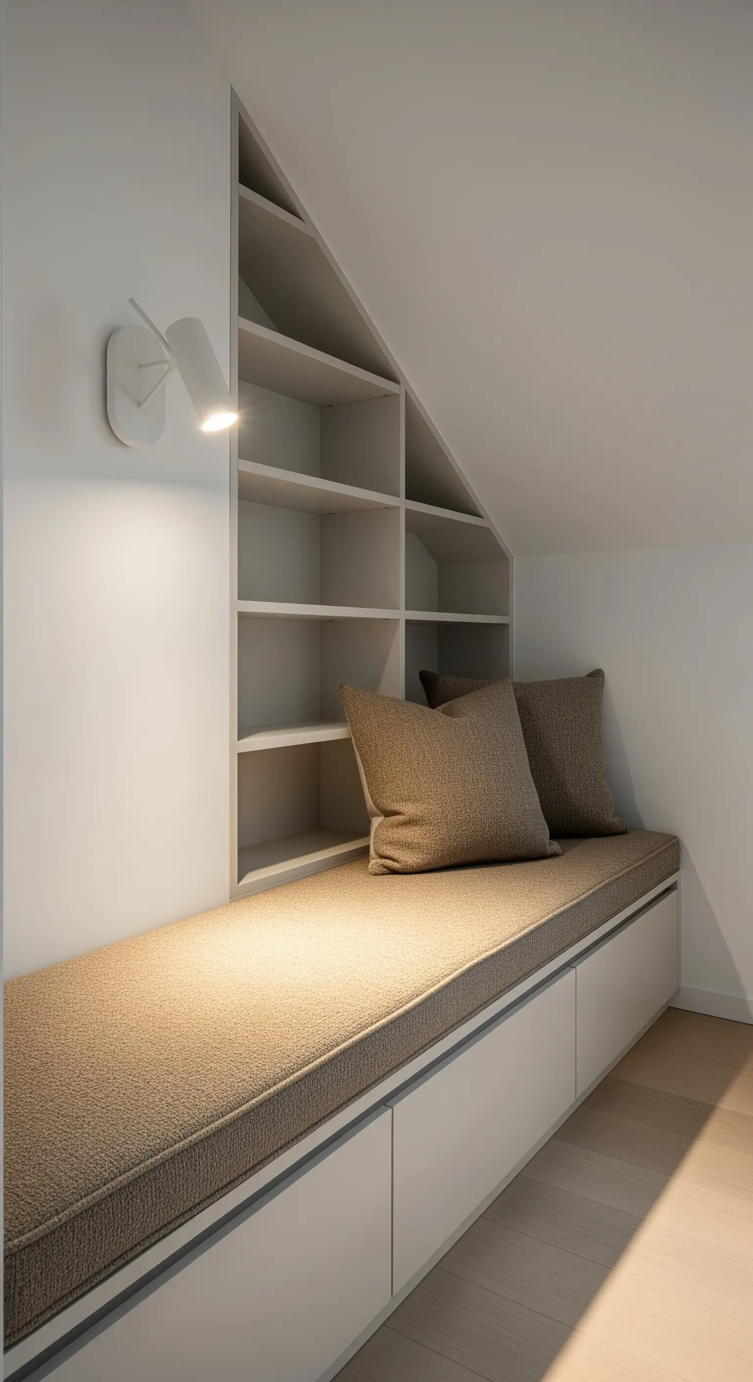 Maßgefertigte Sitzbank mit Kissen und integriertem Regal in einer Nische unter der Dachschräge.