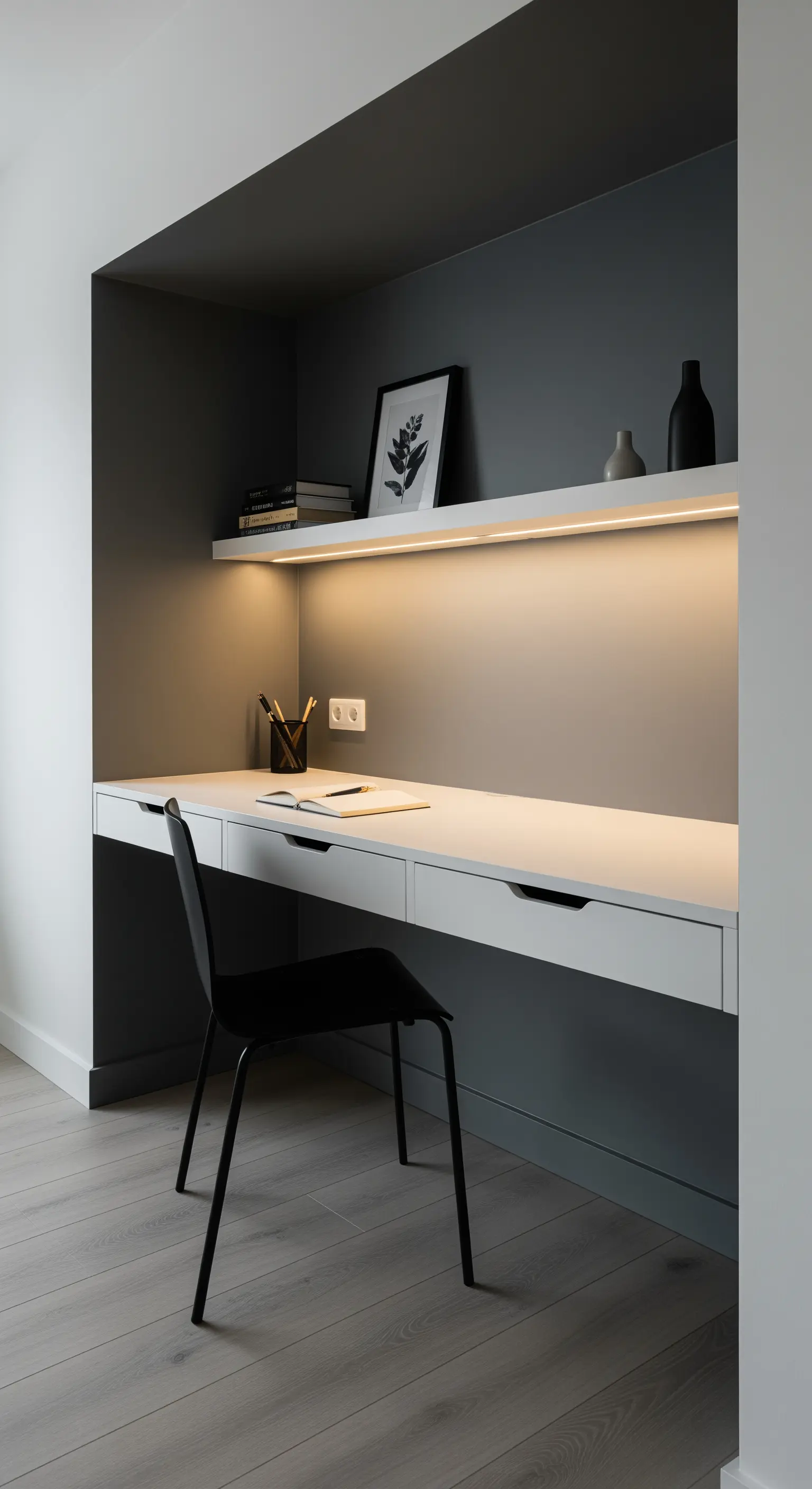 In eine dunkle Wandnische eingebauter weißer Schreibtisch mit integrierter LED-Beleuchtung.