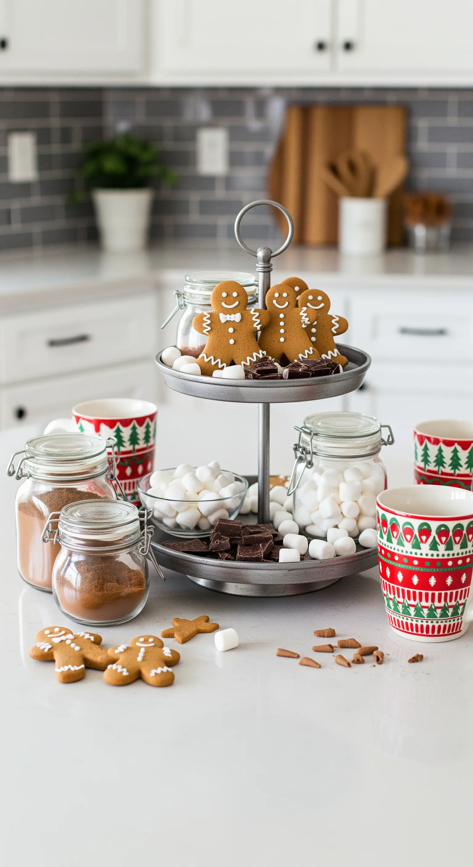 Etagere als Bar für heiße Schokolade mit Lebkuchen und Marshmallows.