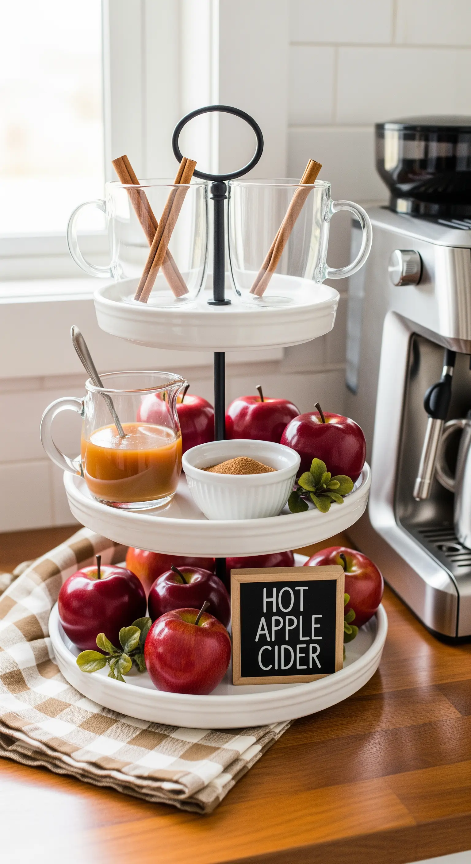 Weiße Etagere als Hot-Apple-Cider-Bar mit Äpfeln und Zimt