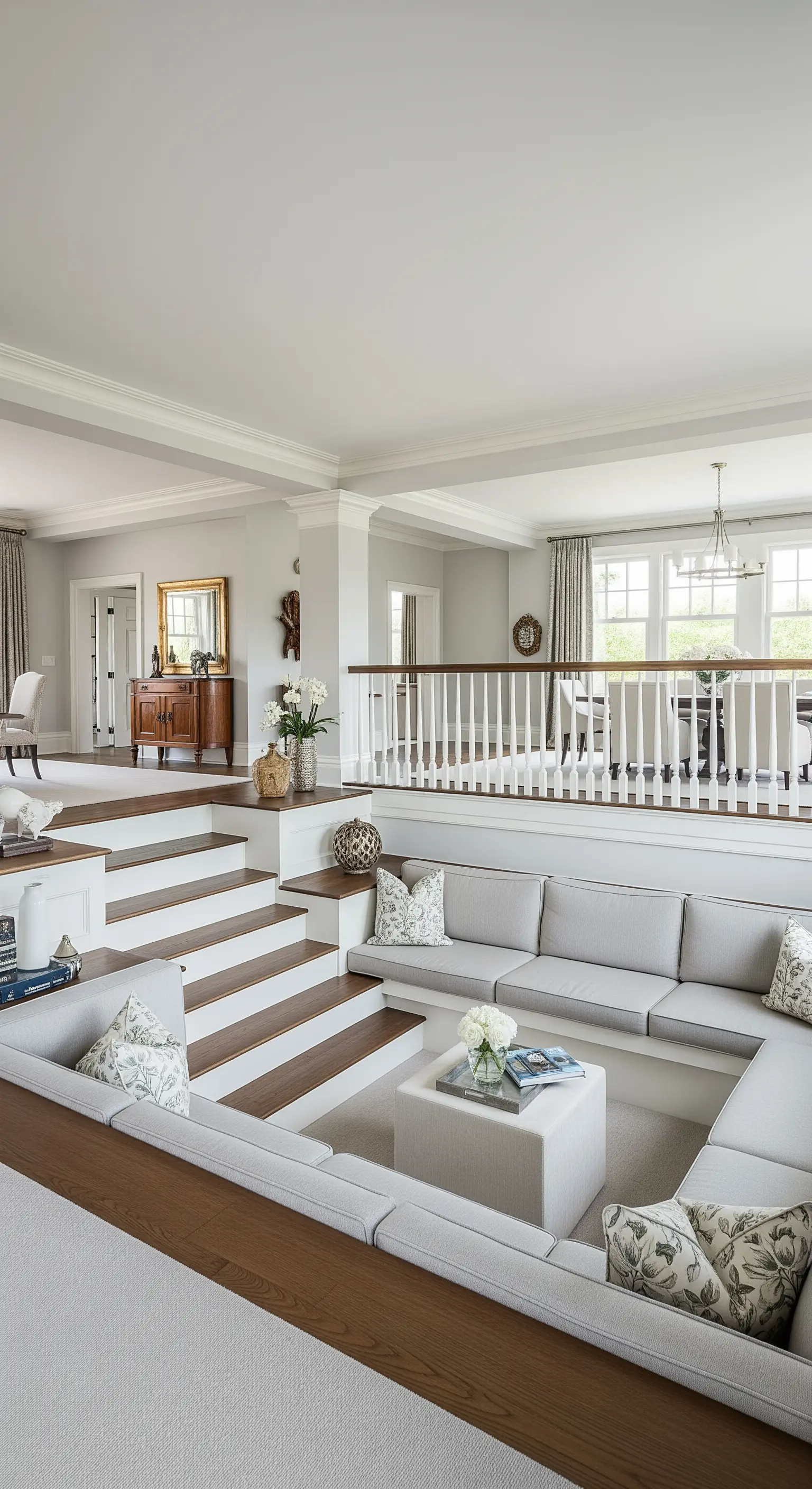 Modernes Wohnzimmer mit einer abgesenkten, U-förmigen Sitzecke und hellen Polstern.