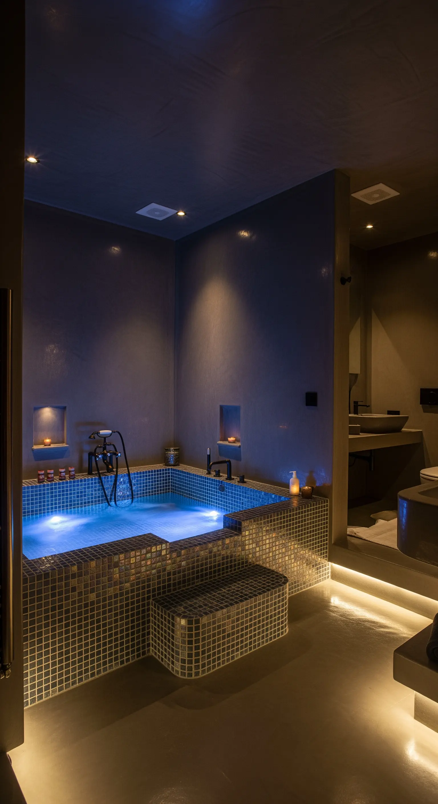 Dunkles, intimes Badezimmer mit beleuchtetem Mosaik-Pool und indirekter Beleuchtung.