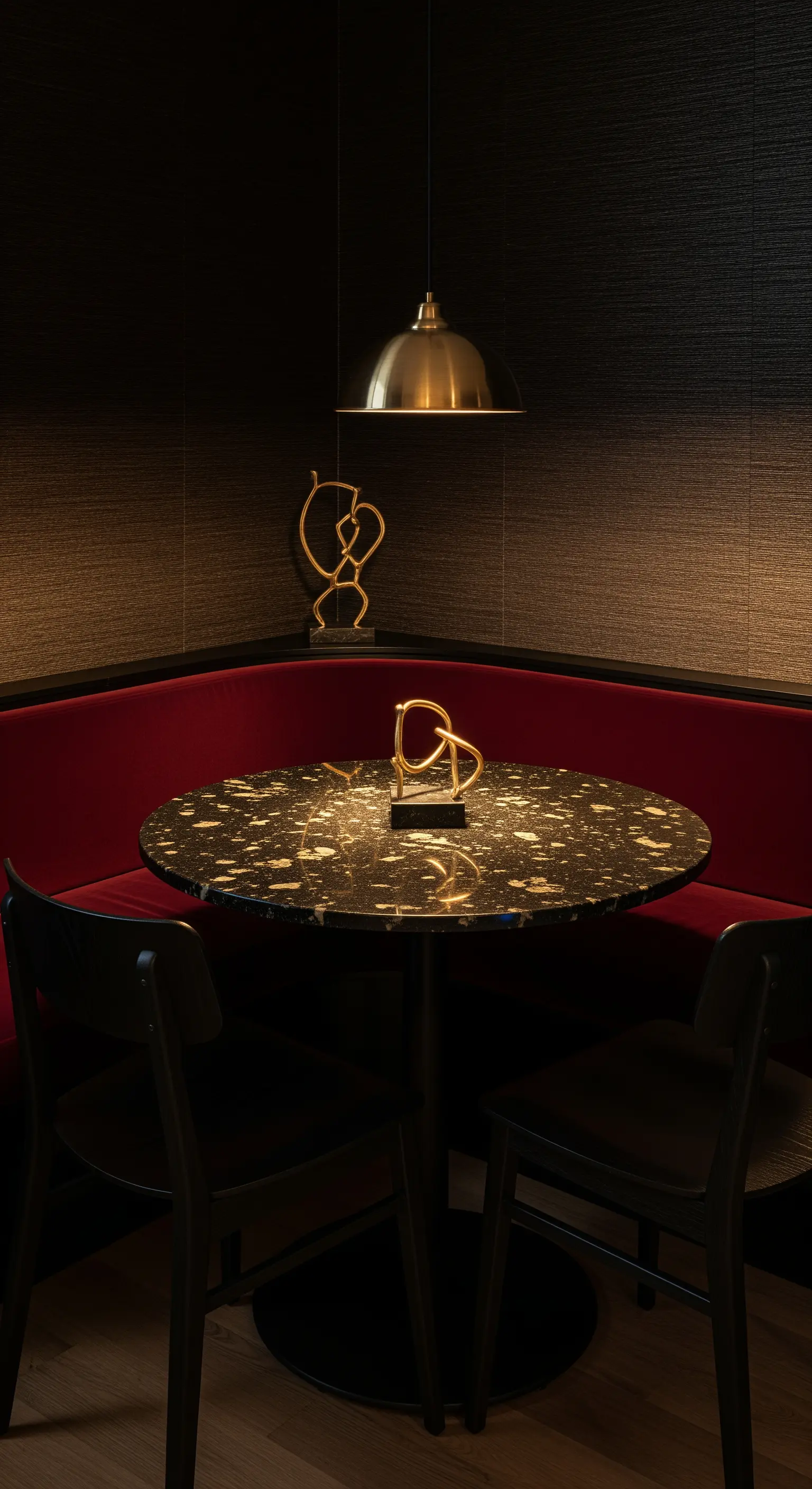 Runder schwarzer Tisch in einer roten Samt-Sitzecke mit einer Messing-Hängelampe.