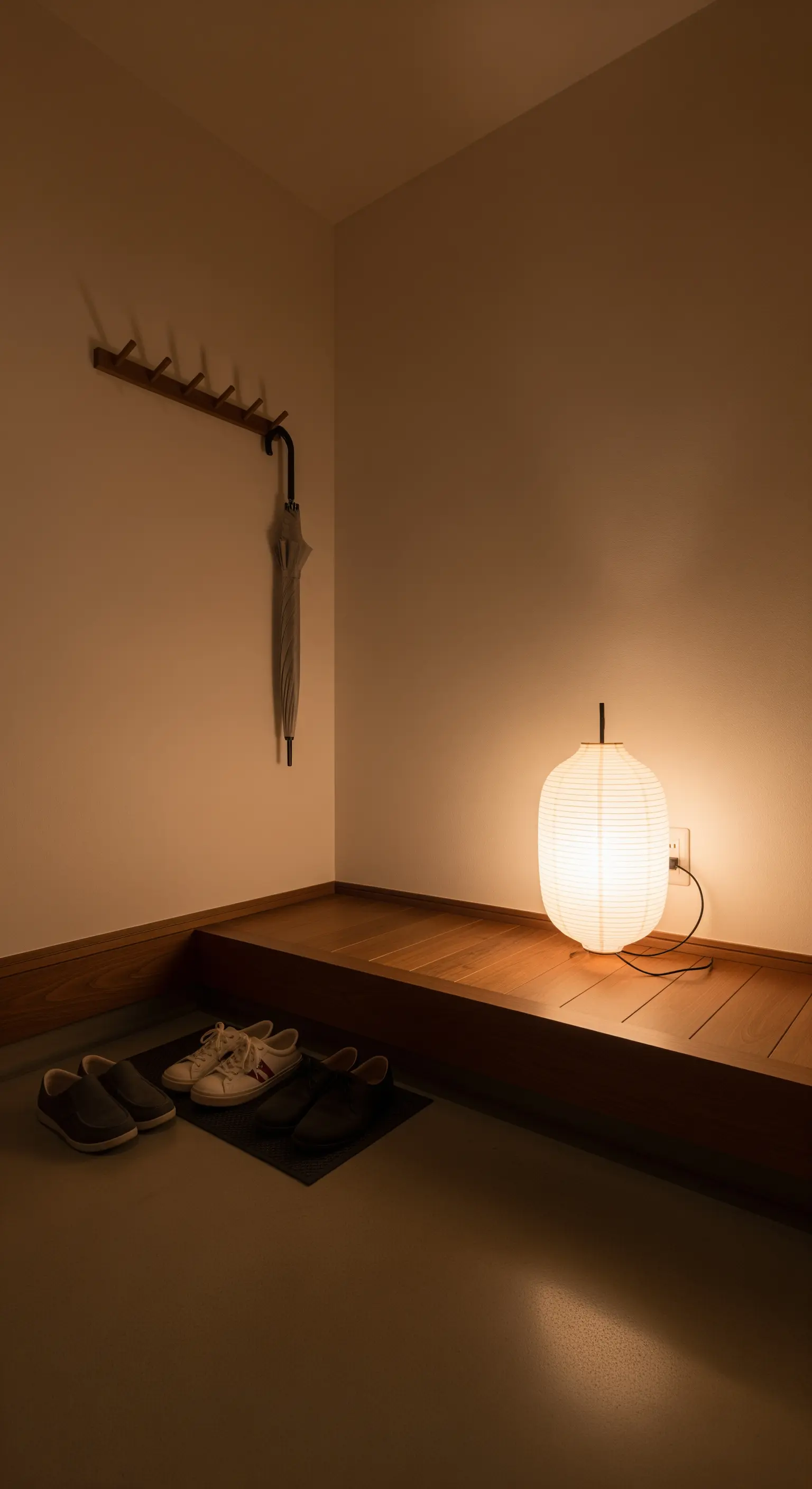 Japanisch inspirierter Eingangsbereich mit Holzpodest und warmer Papierlaterne