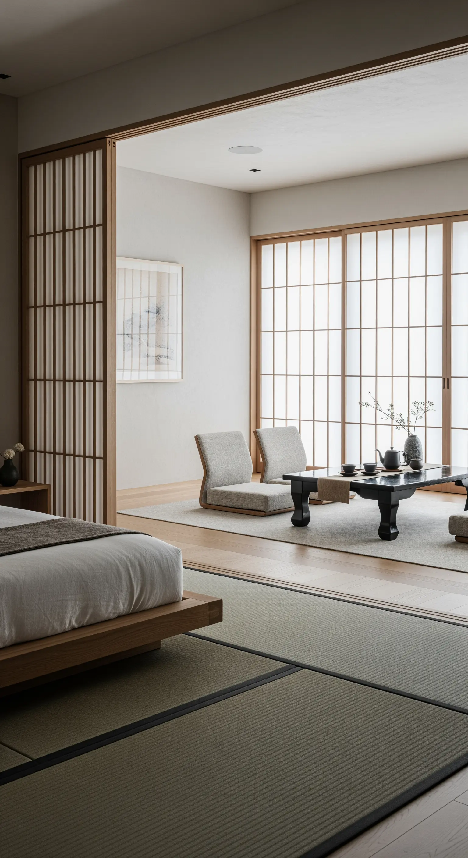 Japandi-Schlafzimmer mit abgetrennter, bodennaher Sitzecke für eine Teezeremonie.