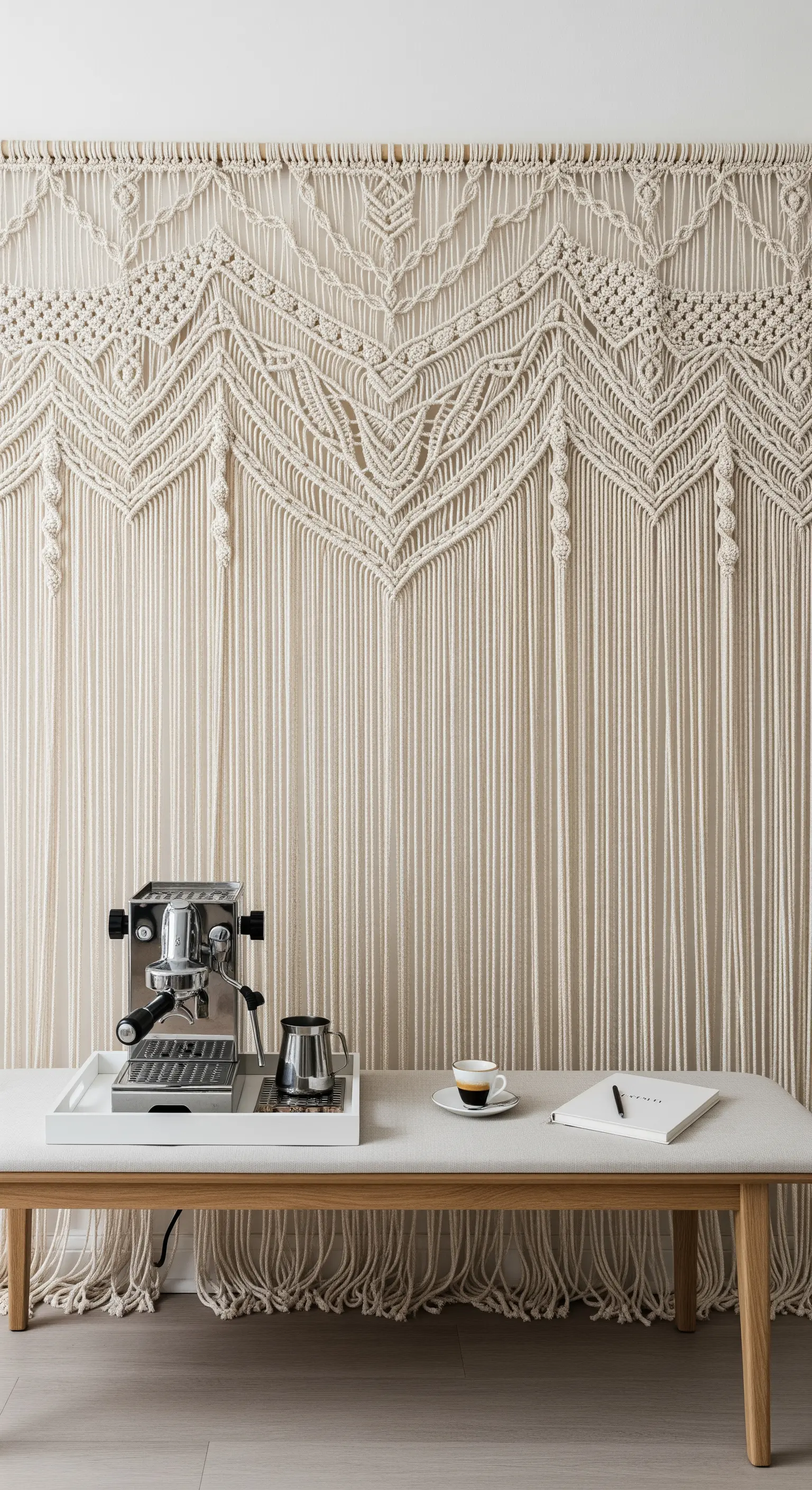 Kaffeebar vor einem großen Makramee-Wandbehang mit Espressomaschine und Notizbuch.