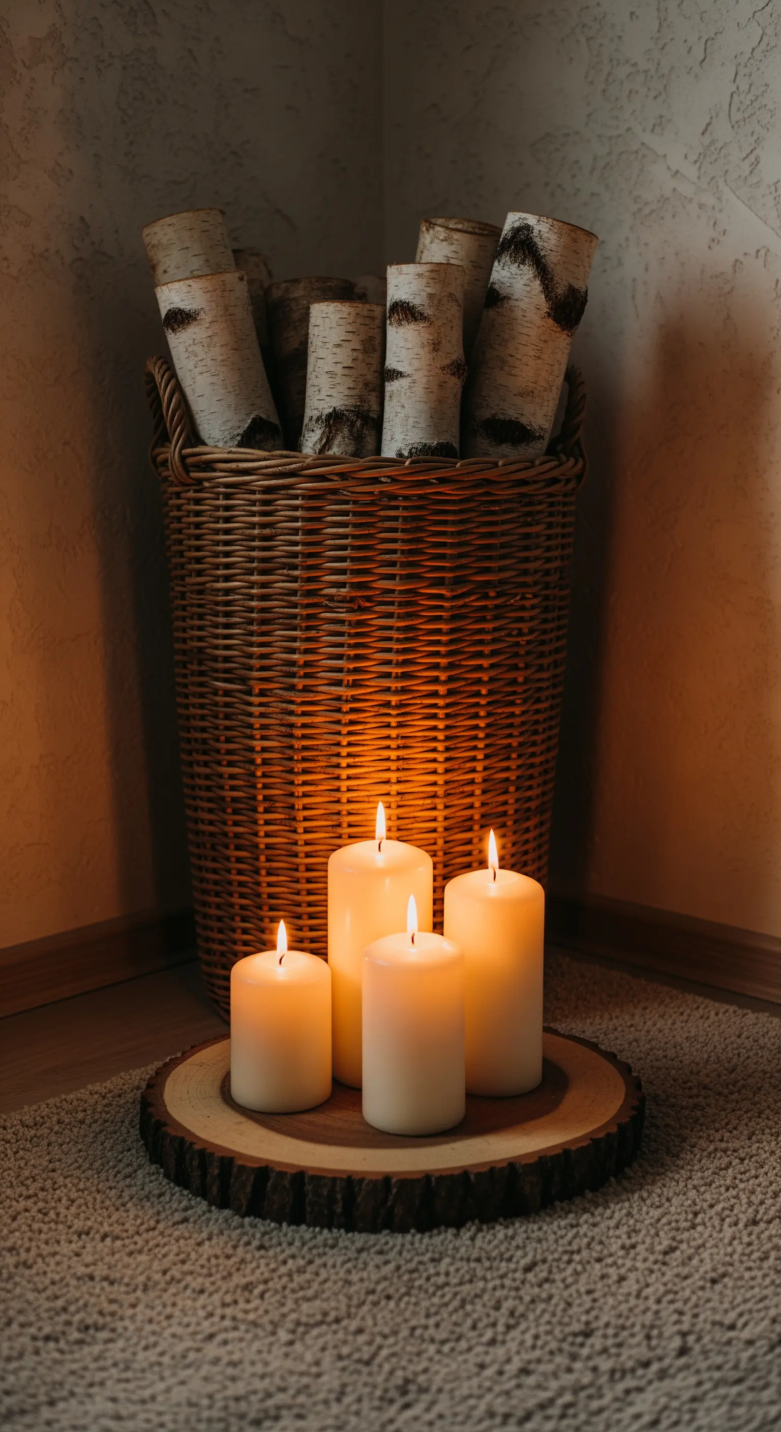 Eine Ecke mit einem Korb voller Birkenstämme und einer Gruppe brennender Kerzen davor.
