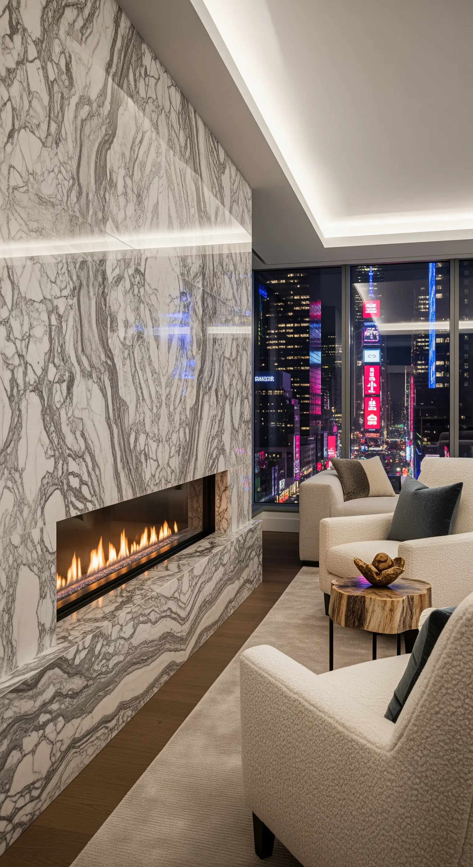 Marmorkamin neben gemütlichen Bouclé-Sesseln mit Blick auf das nächtliche New York.