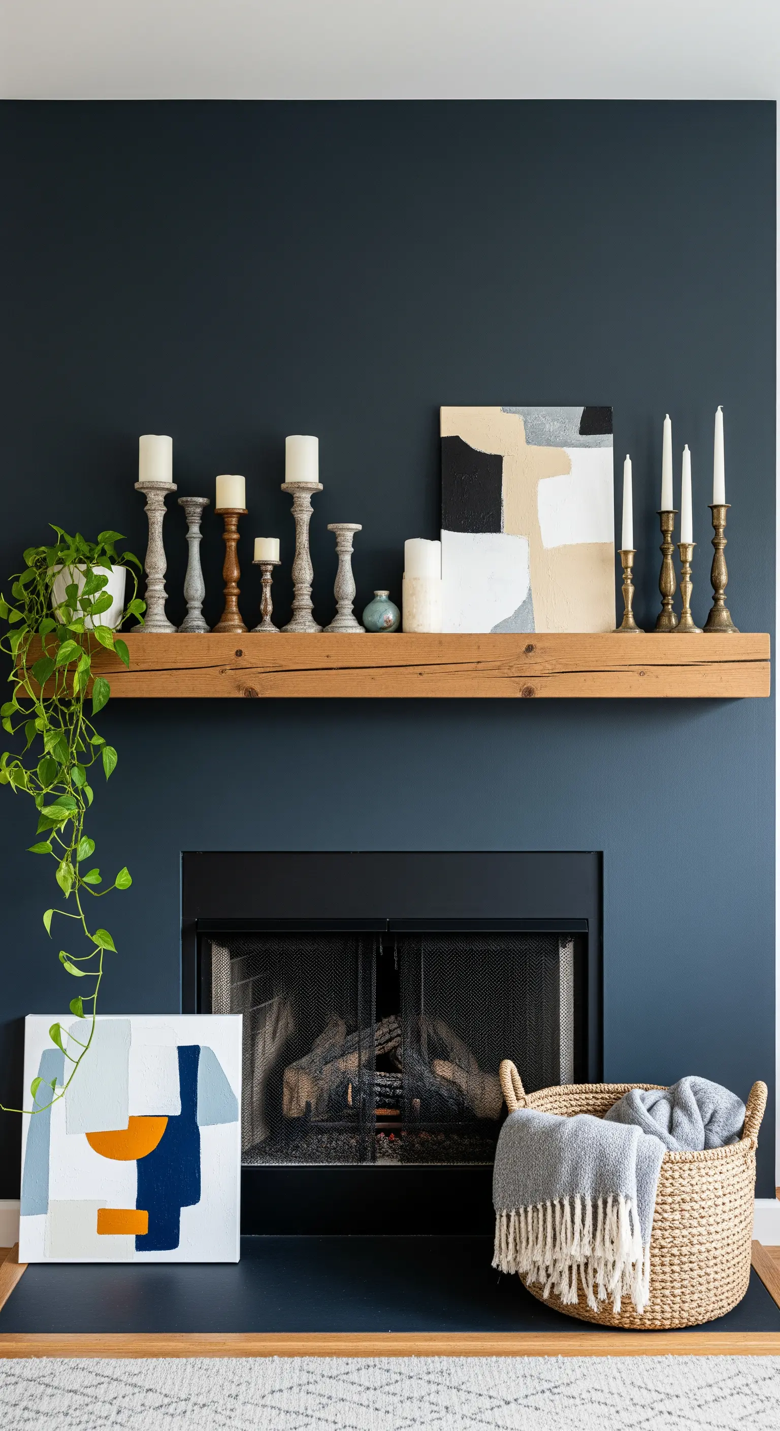 Moderner Kaminsims aus Holz vor dunkler Wand, dekoriert mit Kerzenhaltern und abstrakter Kunst.