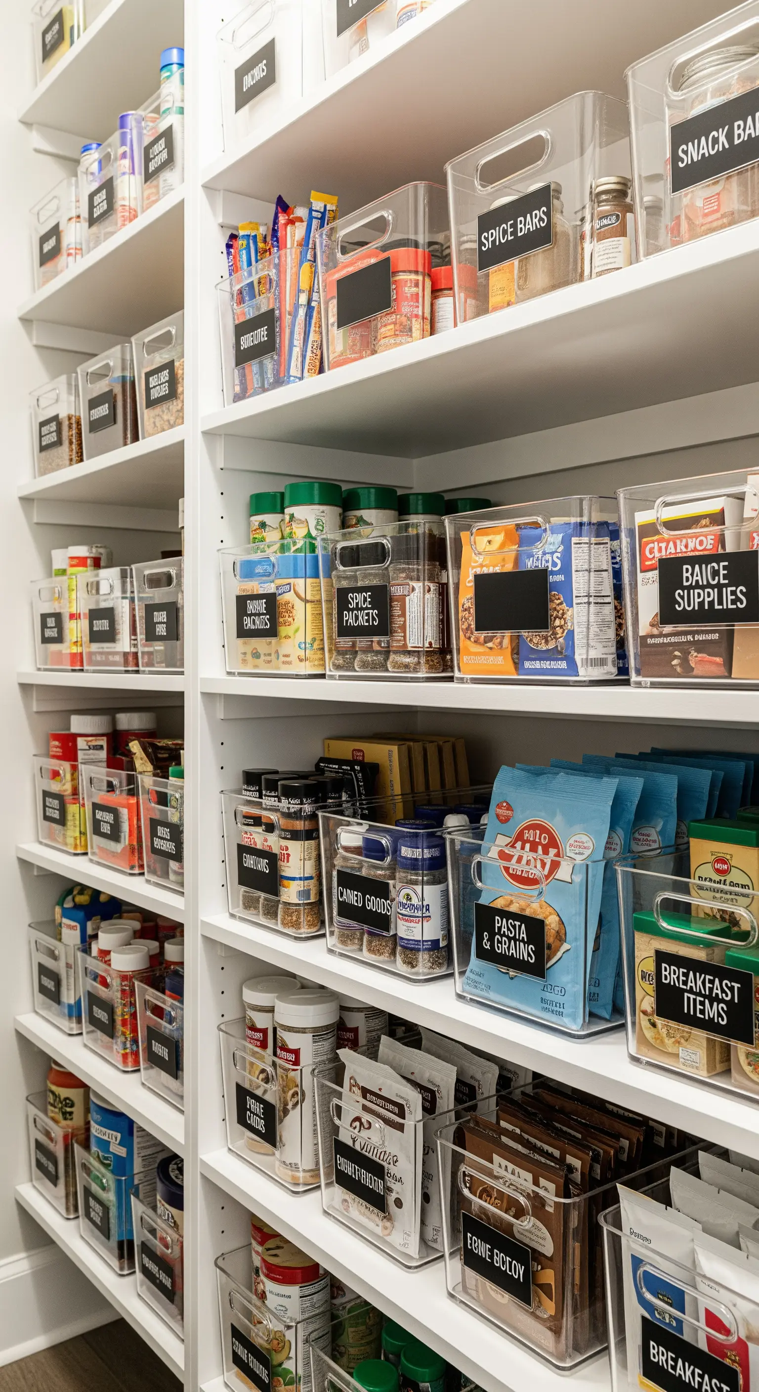 Weiße Speisekammerregale mit transparenten, beschrifteten Aufbewahrungsboxen für Lebensmittel.