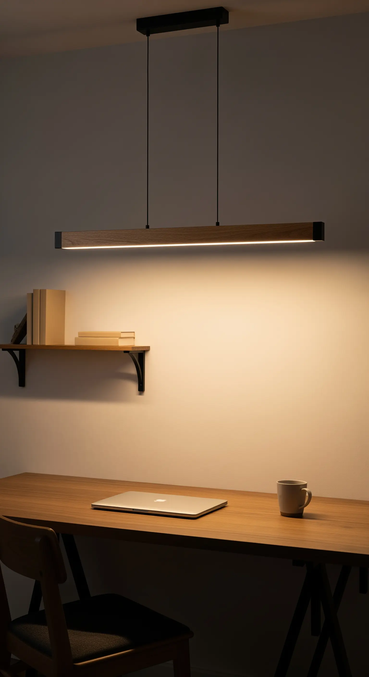 Schlanke, lineare Pendelleuchte aus Holz über einem aufgeräumten Schreibtisch.