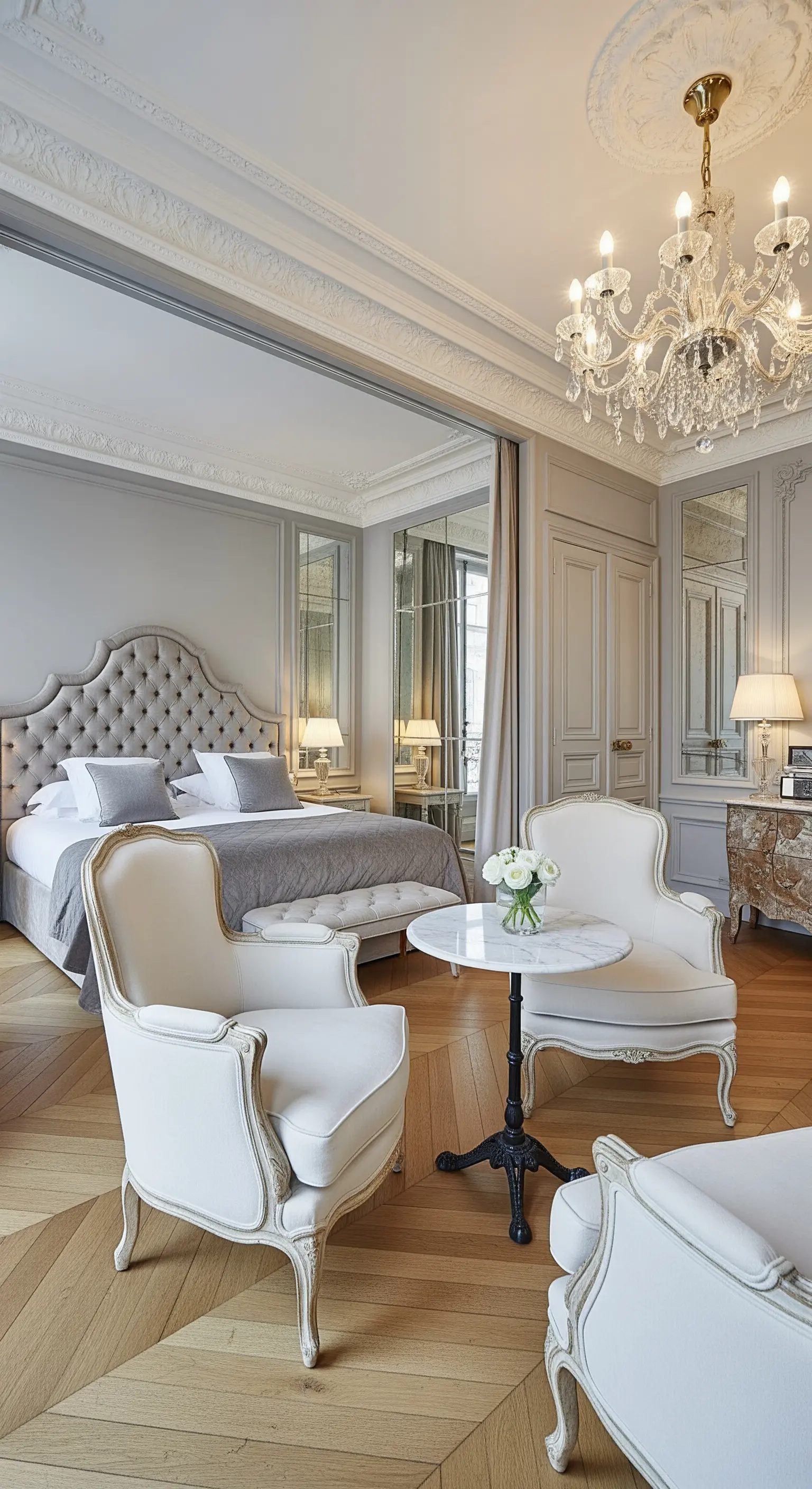 Elegante Lounge-Zone im Pariser Stil mit zwei weißen Sesseln und Marmortisch.