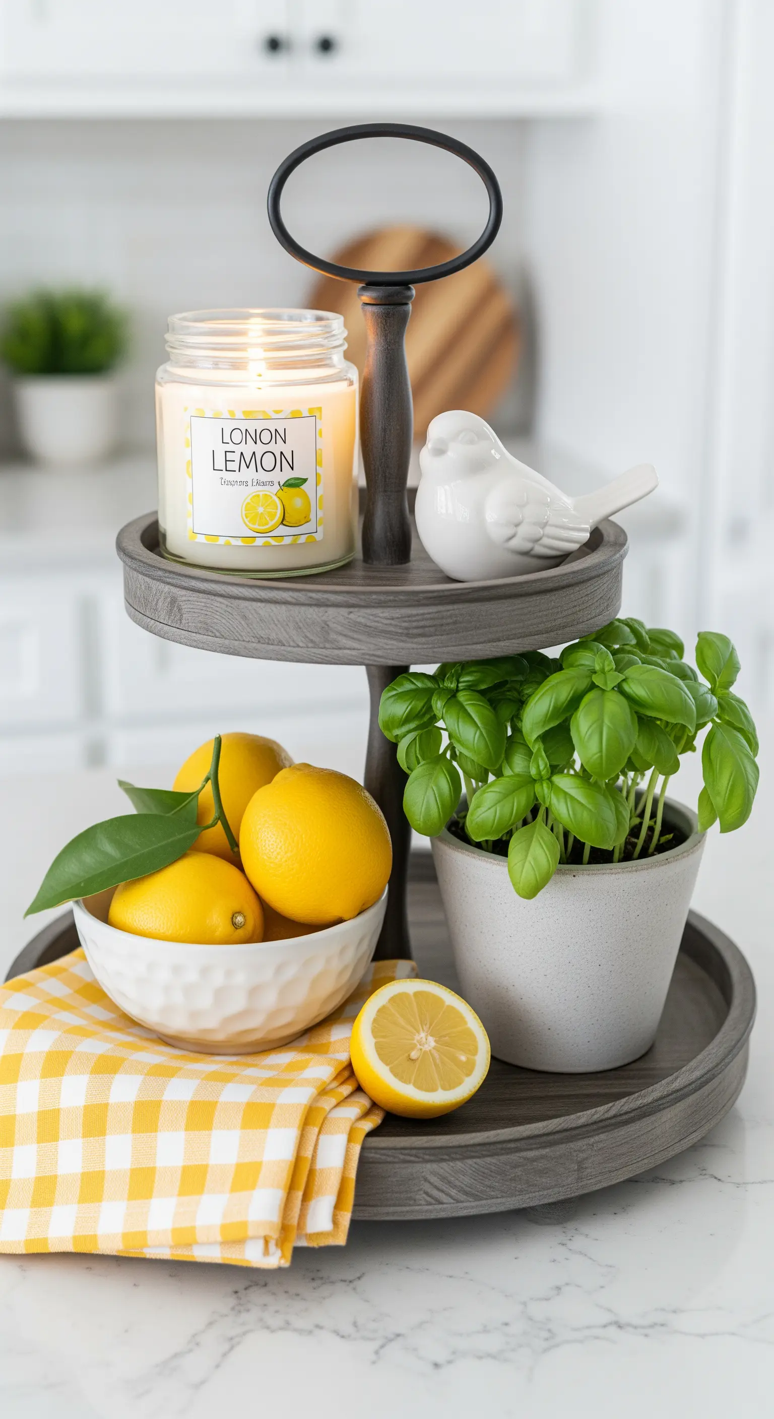Eine kleine zweistöckige Etagere mit einer Kerze, Zitronen, einem Basilikumtopf und einer Vogelfigur.