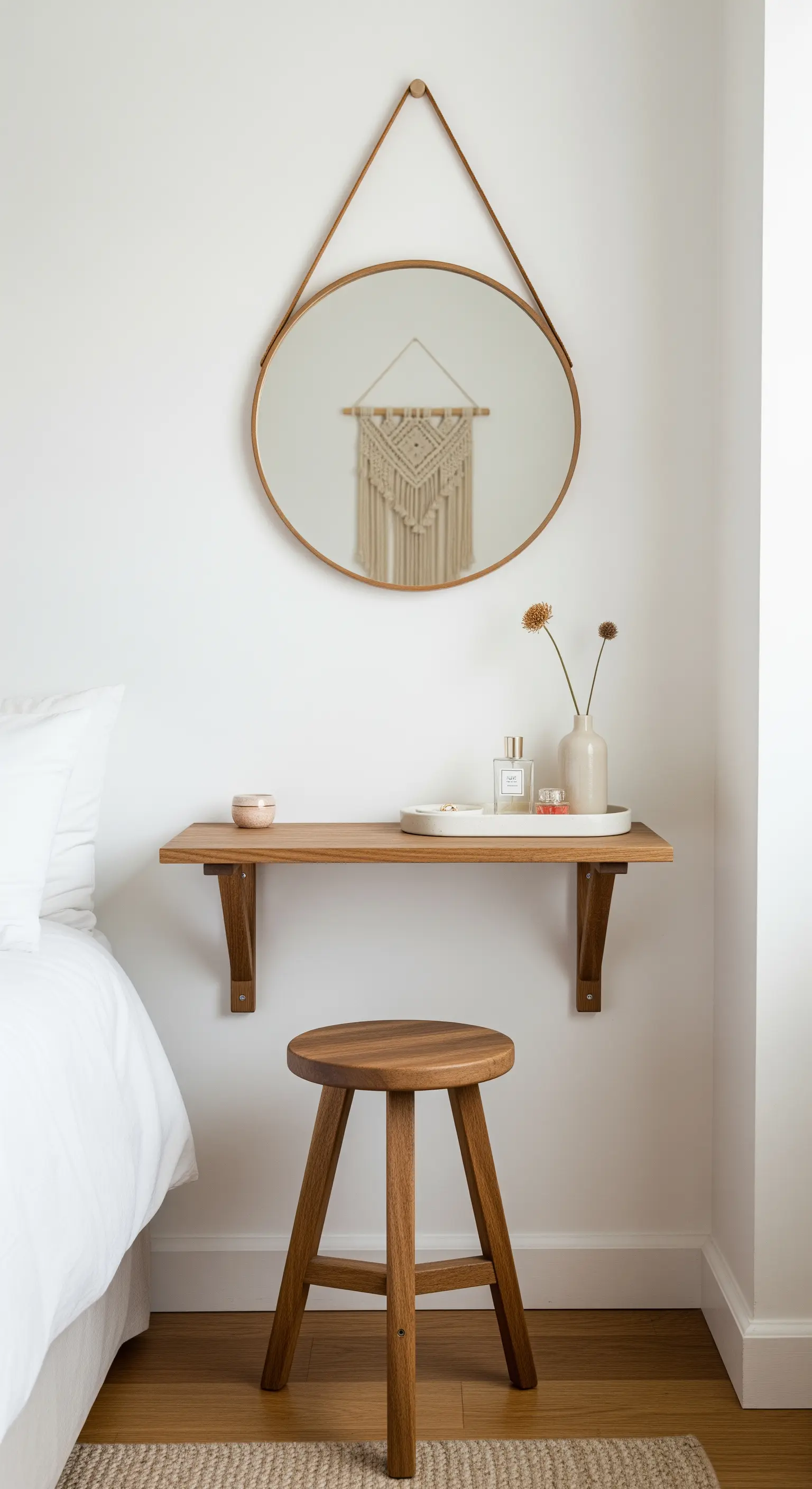 Kleiner Schminktisch aus einem Wandregal neben dem Bett mit rundem Spiegel.