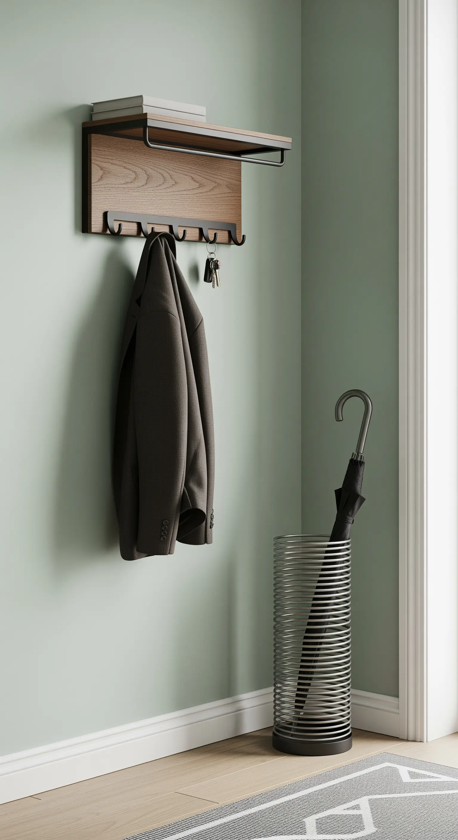 Kompakte Wandgarderobe aus Holz und Metall mit Hutablage und Haken.