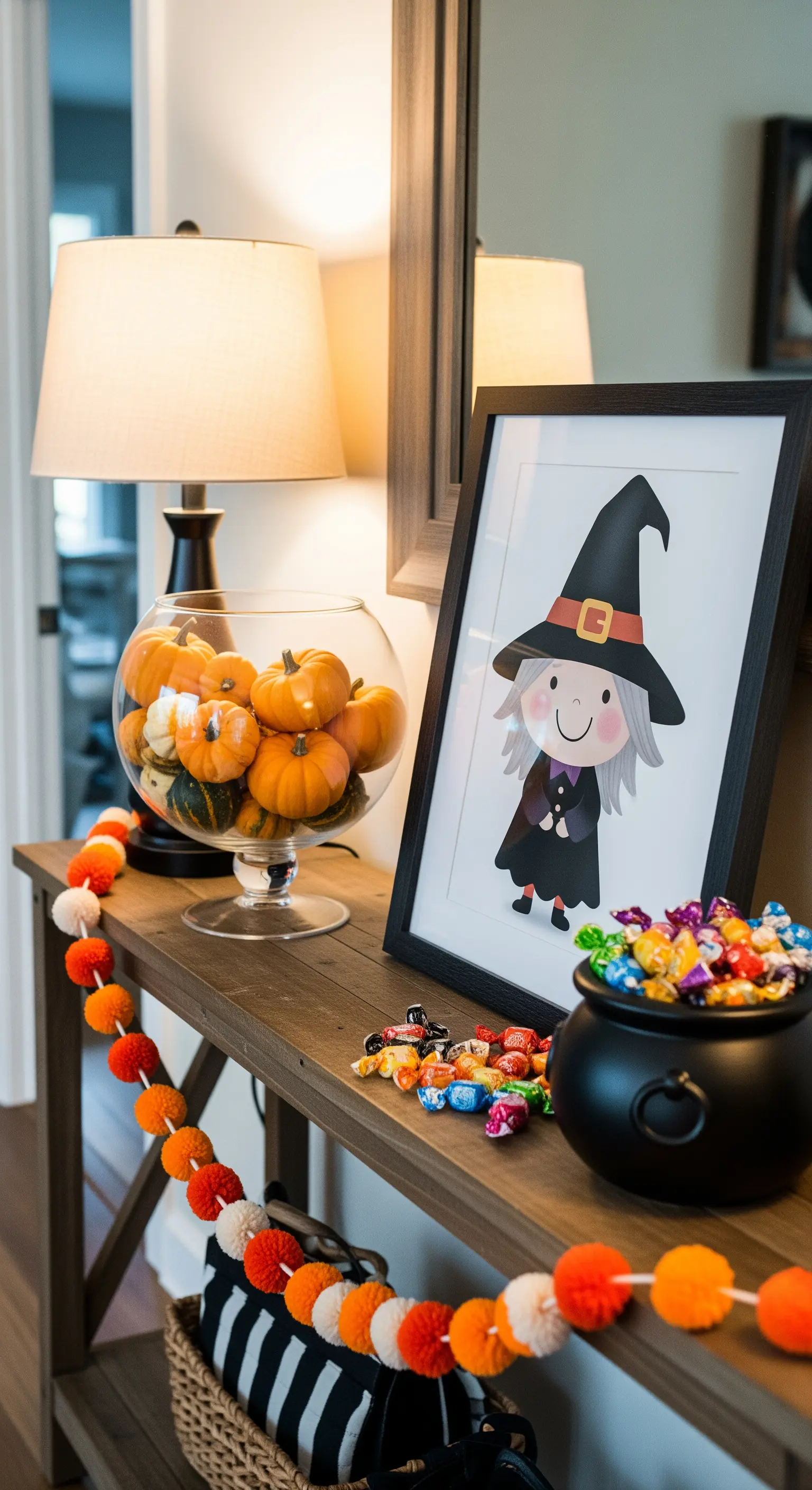 Konsole im Eingangsbereich mit einem gerahmten Hexenbild, einer Glasvase voller Kürbisse und Süßigkeiten.
