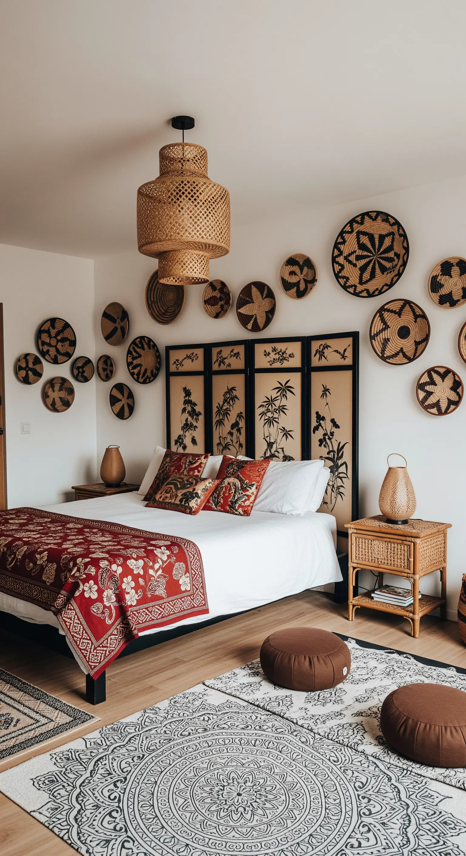 Wand über einem Bett, dekoriert mit einer Sammlung verschiedener geflochtener Körbe.