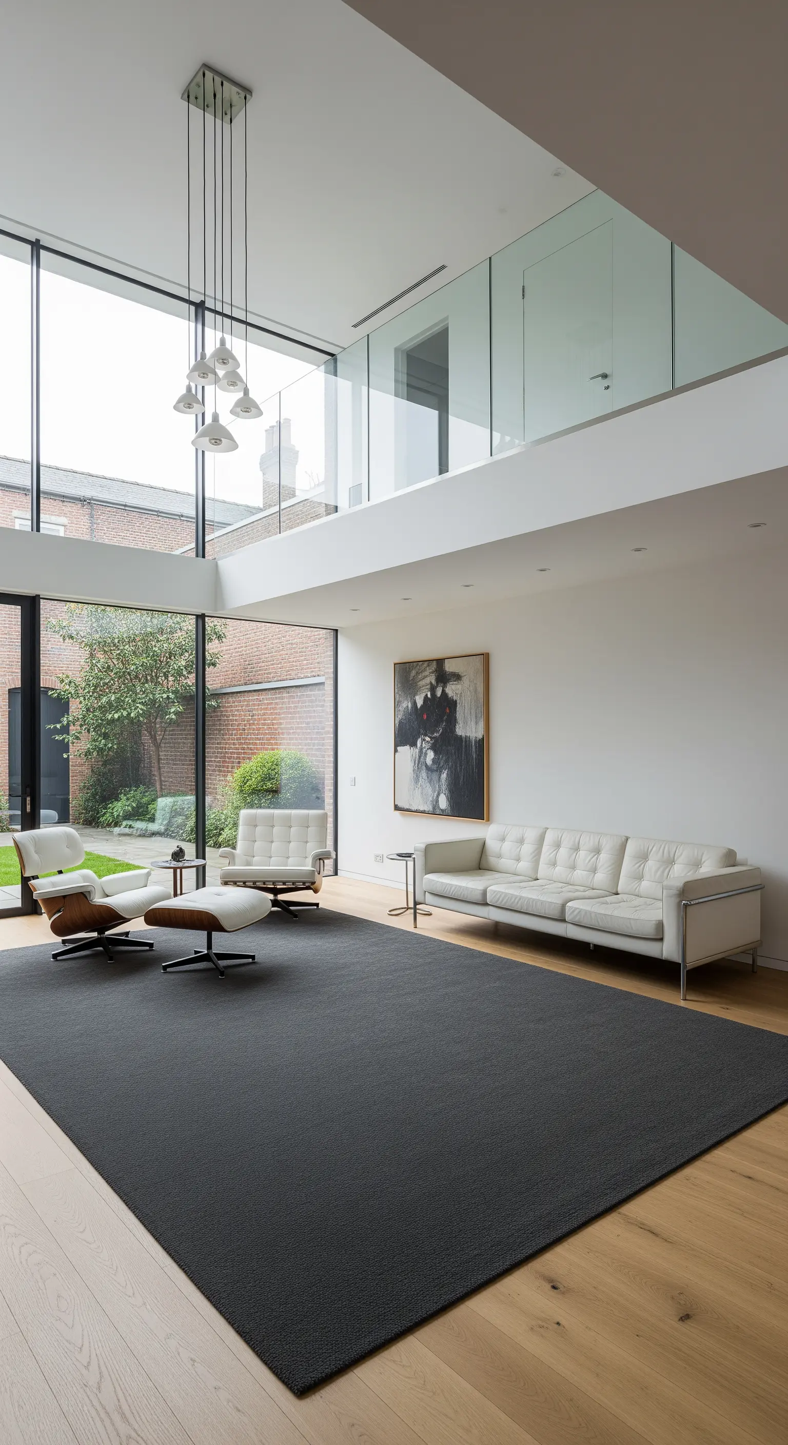 Minimalistisches Loft mit hohem Fenster, weißem Sofa und großem, dunklem Teppich.