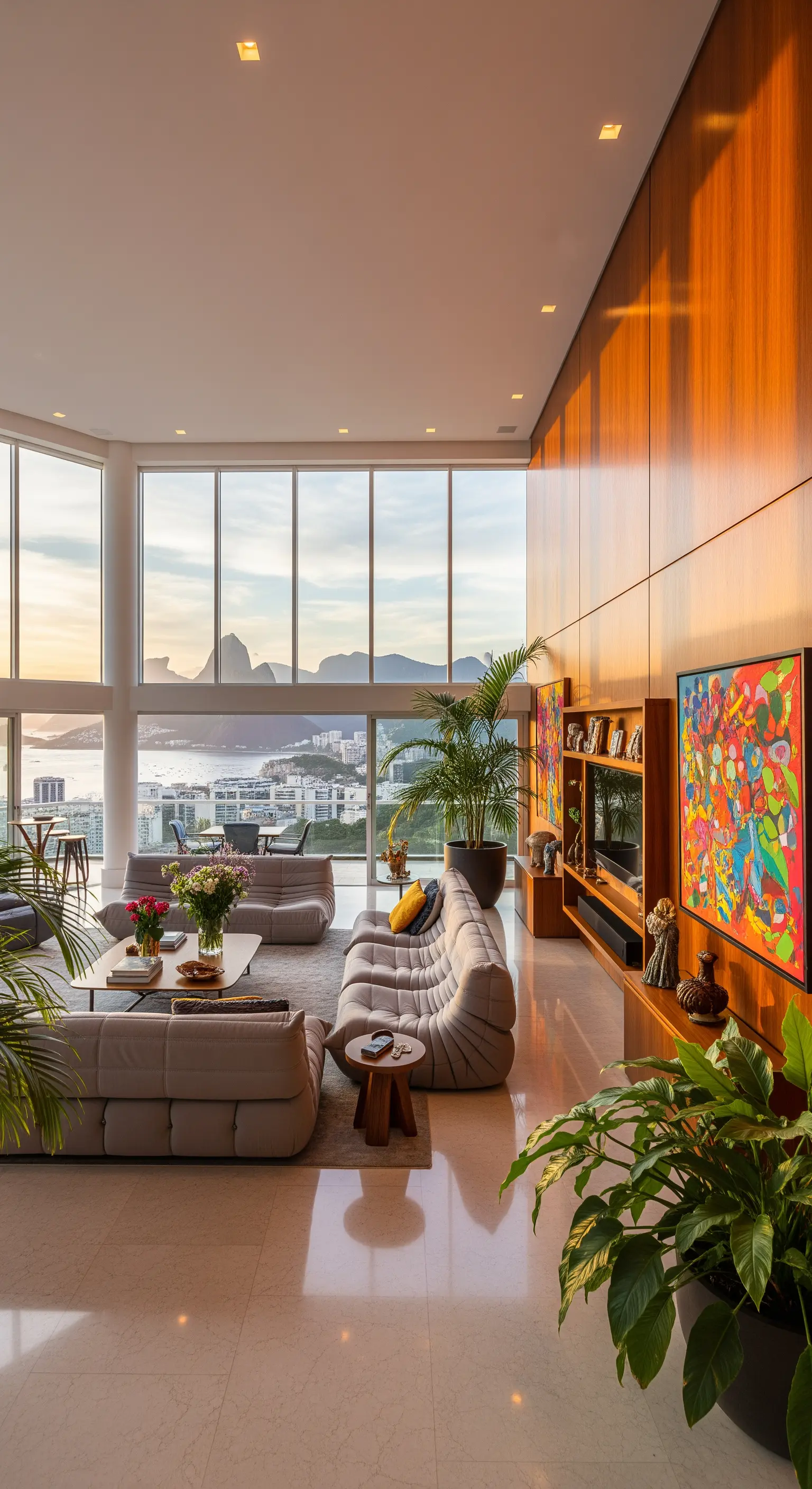 Großes, modernes Wohnzimmer mit raumhoher Holzwand, hellen Sofas und Panoramablick auf die Bucht von Rio.