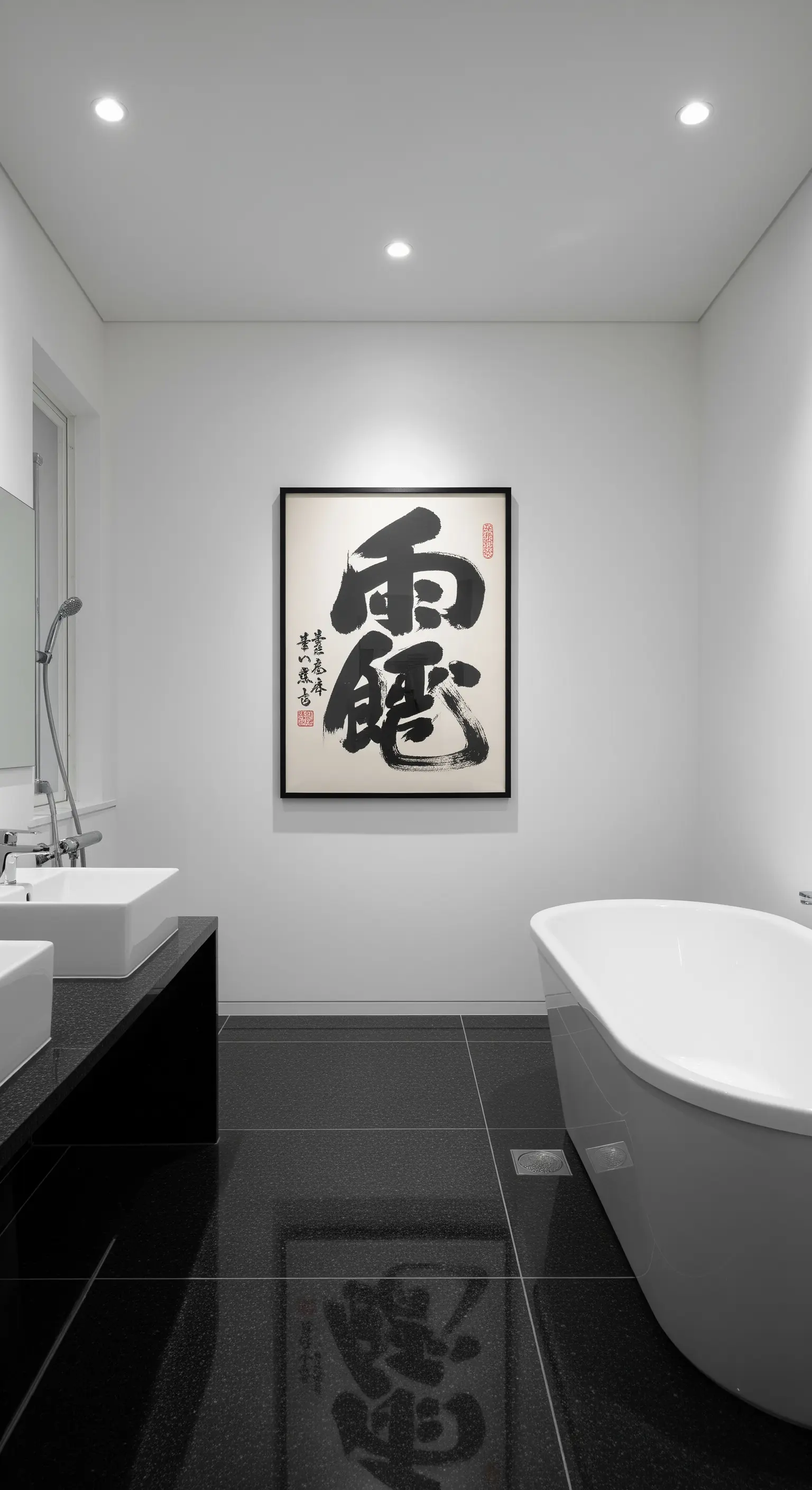 Weißes, minimalistisches Badezimmer mit einem großen, gerahmten japanischen Kalligrafie-Kunstwerk.