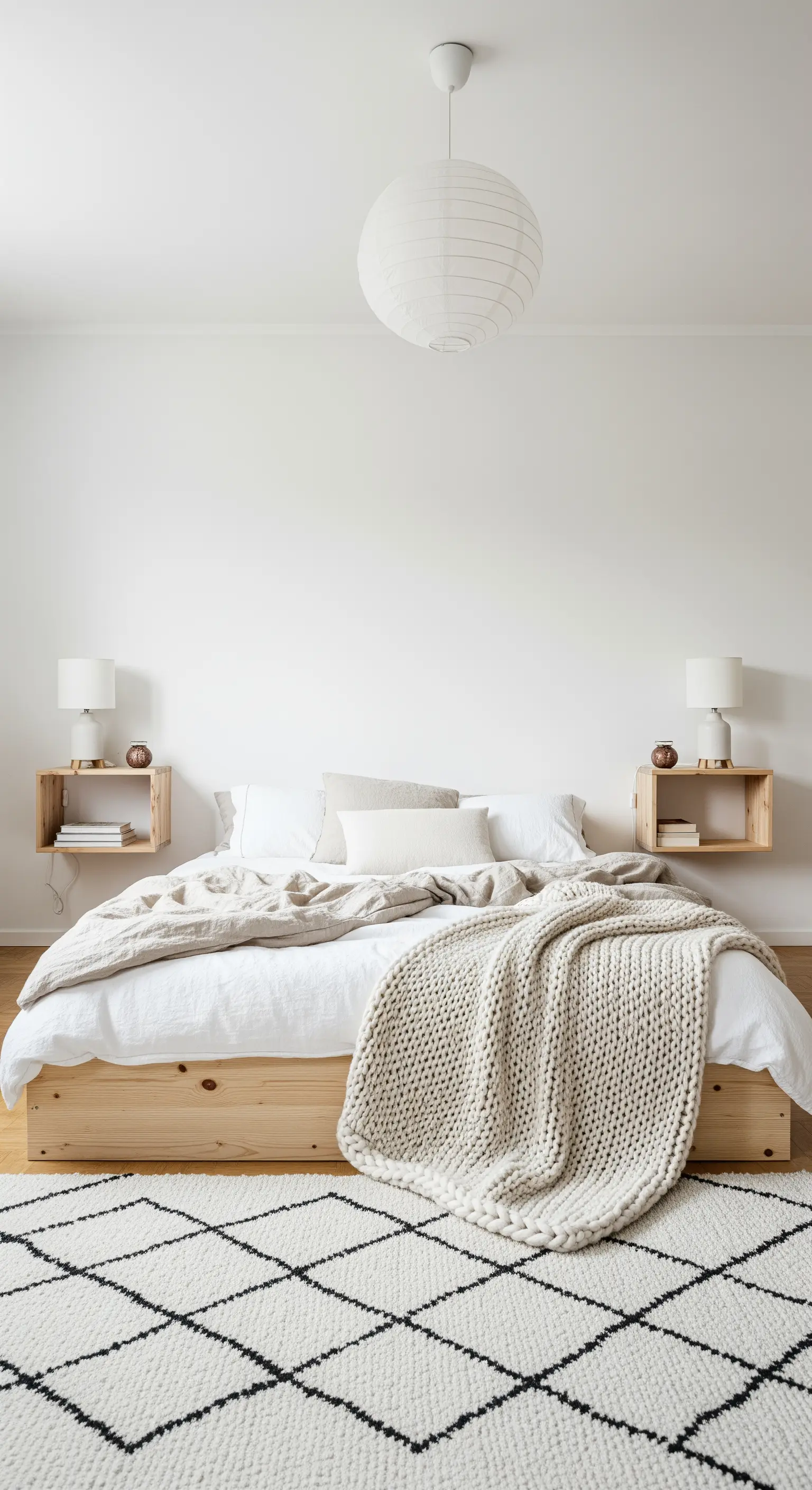 Minimalistisches Boho-Schlafzimmer in neutralen Farben mit Papierlampe und niedrigem Holzbett.