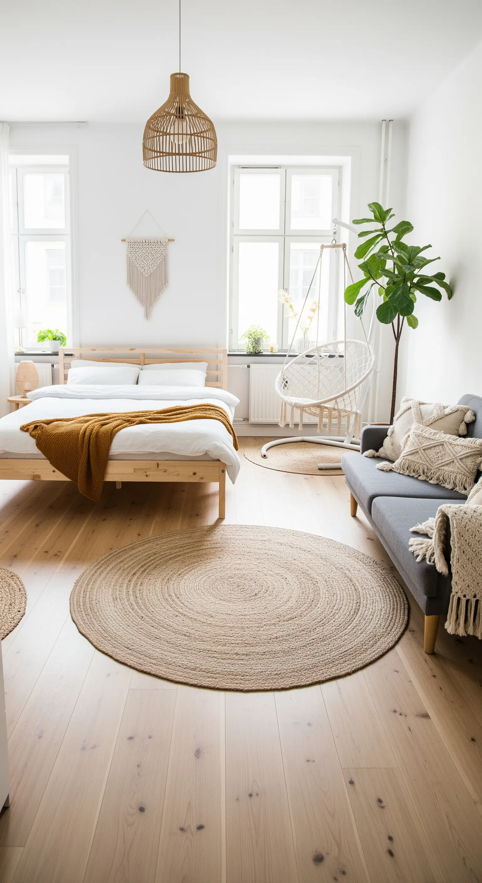 Helles Boho-Studio-Apartment mit Jute-Teppichen, Rattan-Lampe und Holzbett.