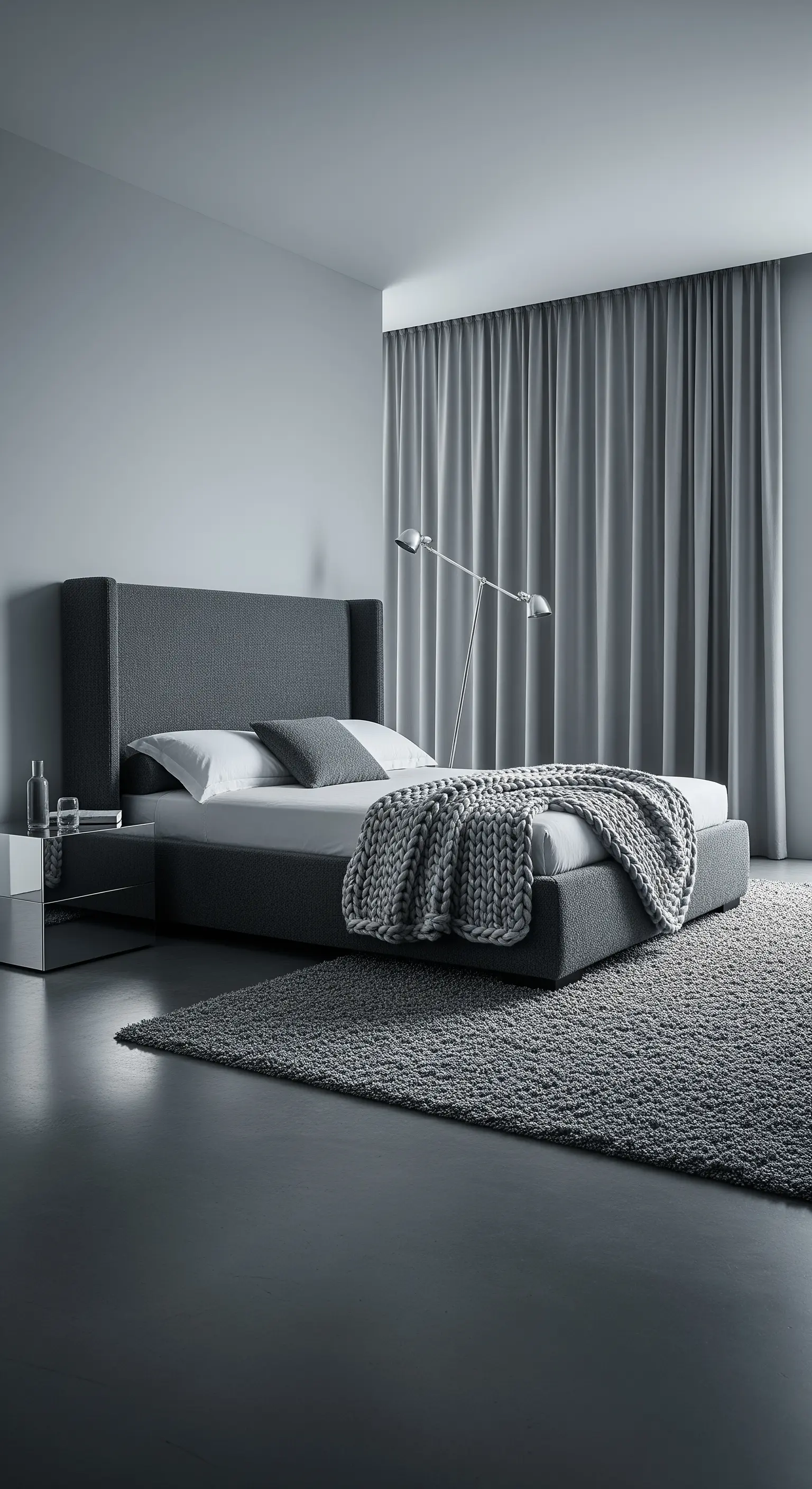 Monochromes Schlafzimmer in Grautönen mit verschiedenen Texturen wie Strick und Hochflor-Teppich.