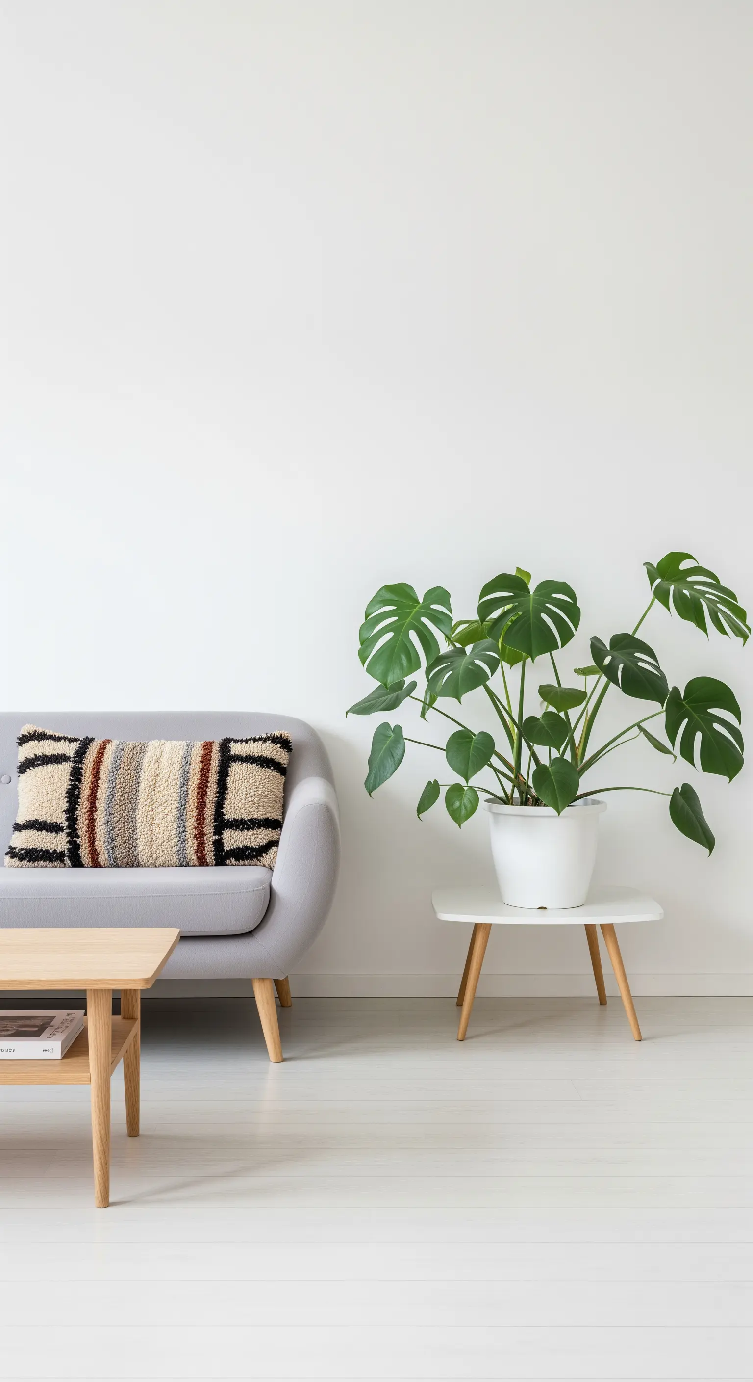 Minimalistisches Wohnzimmer mit grauem Sofa, einer Monstera und einem texturierten Kissen.