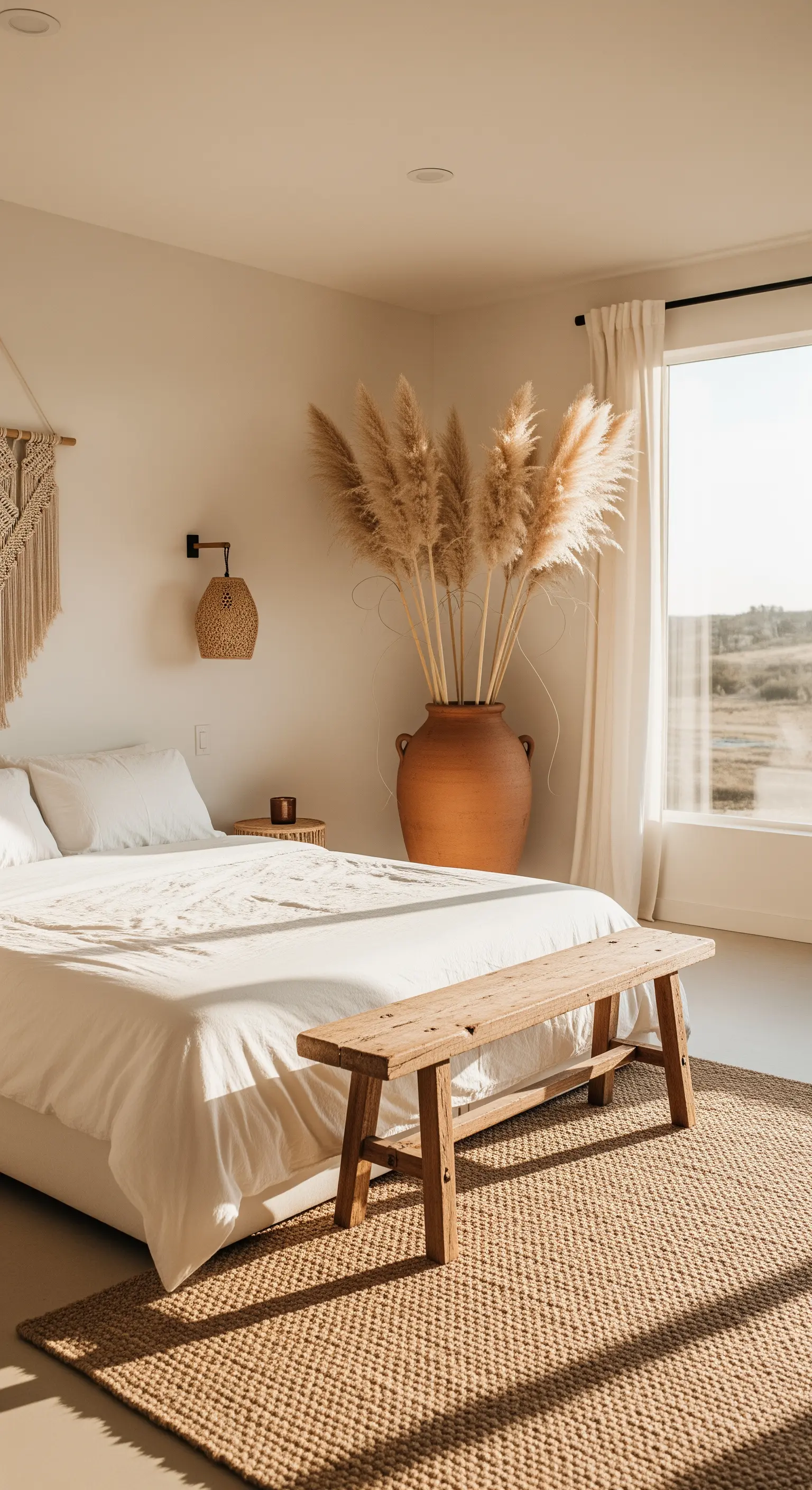 Minimalistisches Boho-Schlafzimmer mit großem Pampasgras in einer Terrakotta-Vase.