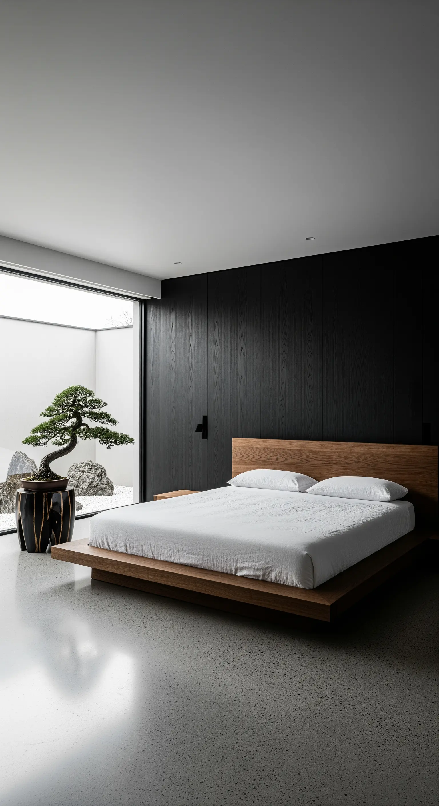 Schwarze Akzentwand und niedriges Holzbett vor einem Zen-Garten.