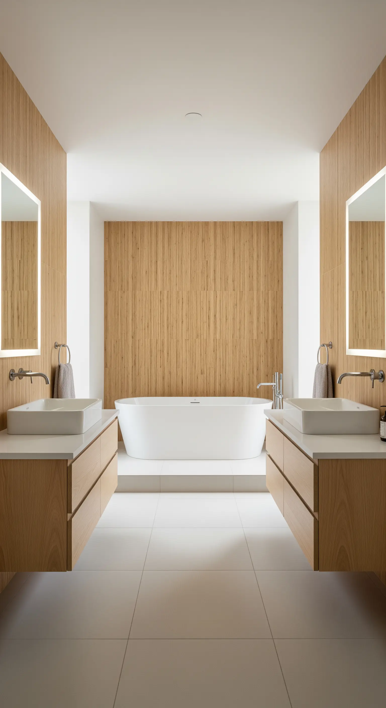 Symmetrisch gestaltetes Badezimmer mit Holzwand, freistehender Wanne und zwei Waschtischen.