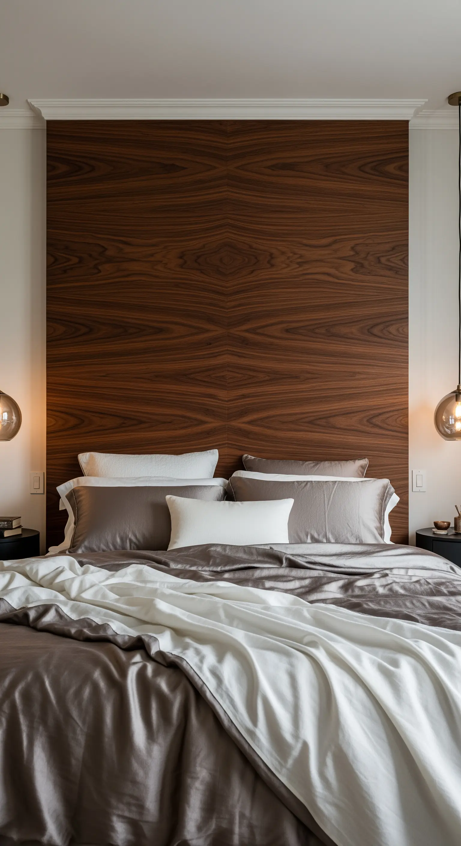 Symmetrisches Walnussholz-Kopfteil mit glänzender Satin-Bettwäsche in neutralen Tönen.