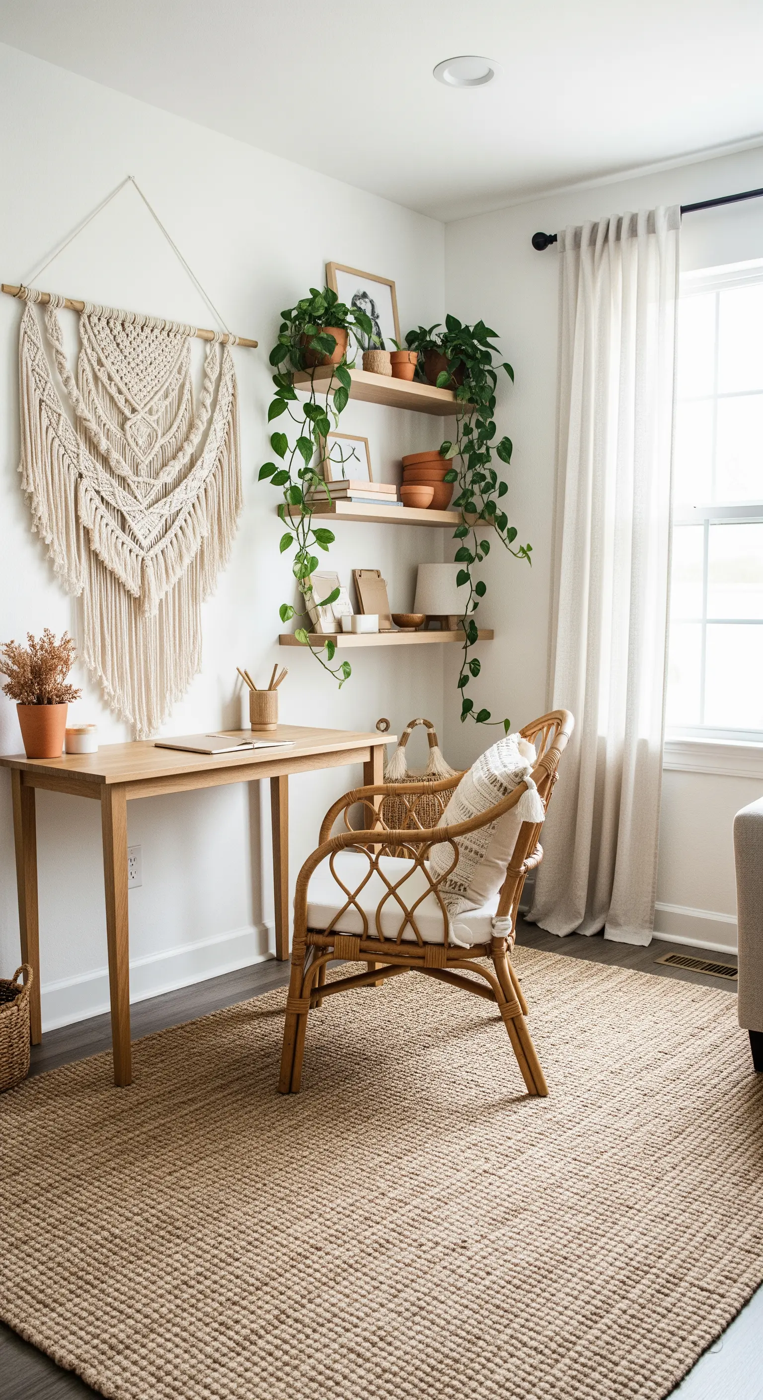 Boho-Homeoffice mit Makramee-Wandbehang, Rattanstuhl und Jute-Teppich.
