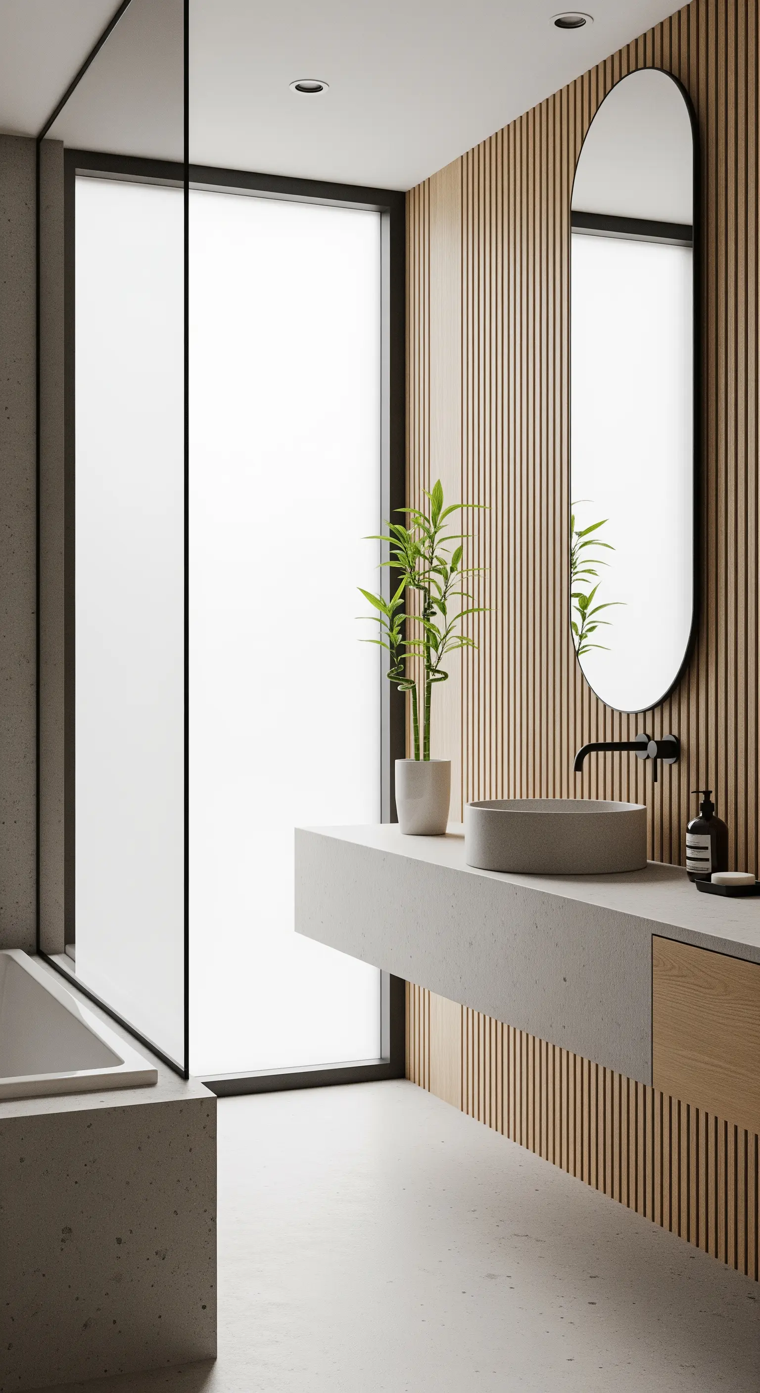 Badezimmer mit Holzlamellenwand, Betonwaschtisch und ovalem Spiegel.