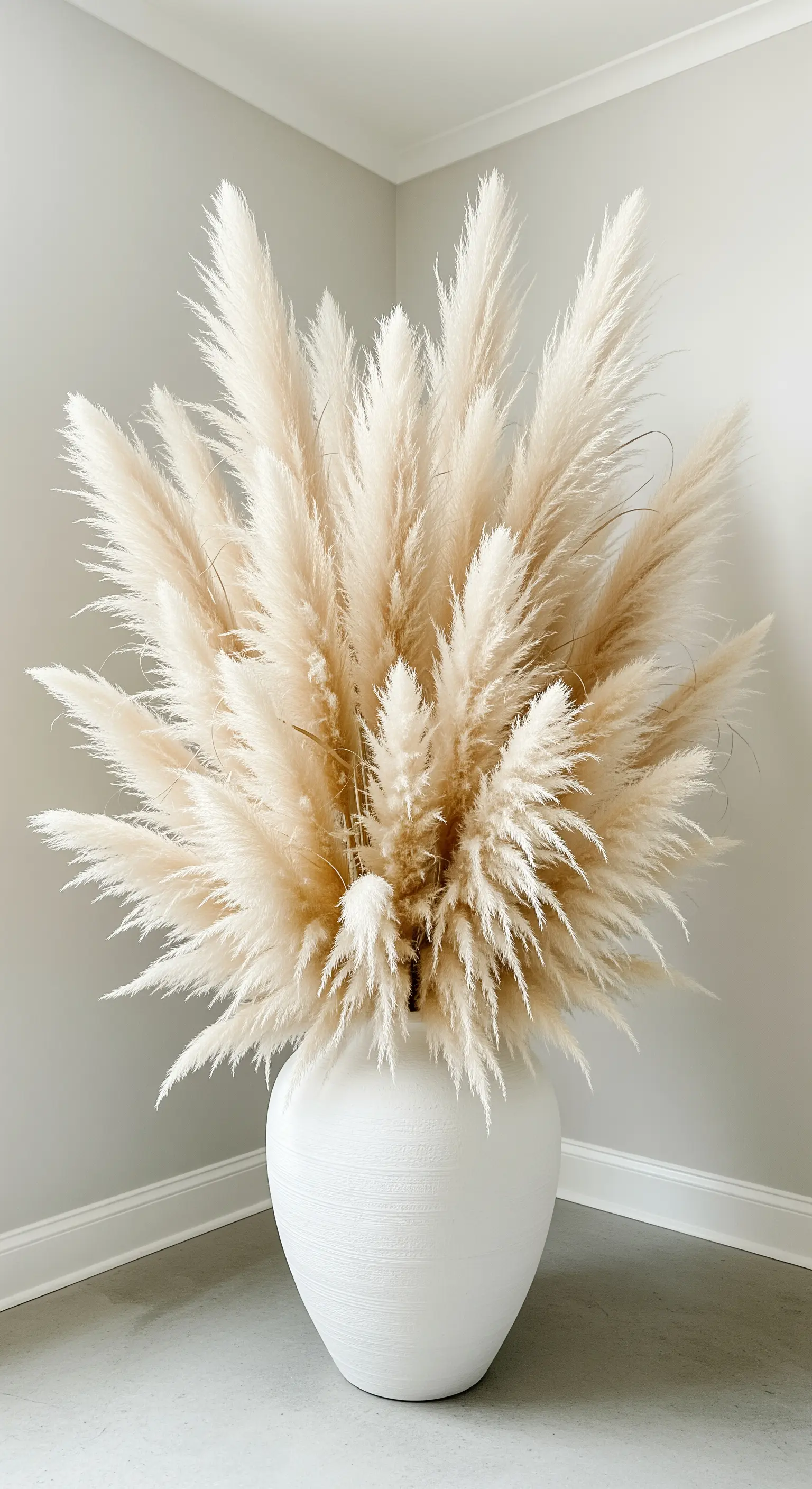 Große weiße Bodenvase, üppig gefüllt mit hellem Pampasgras.