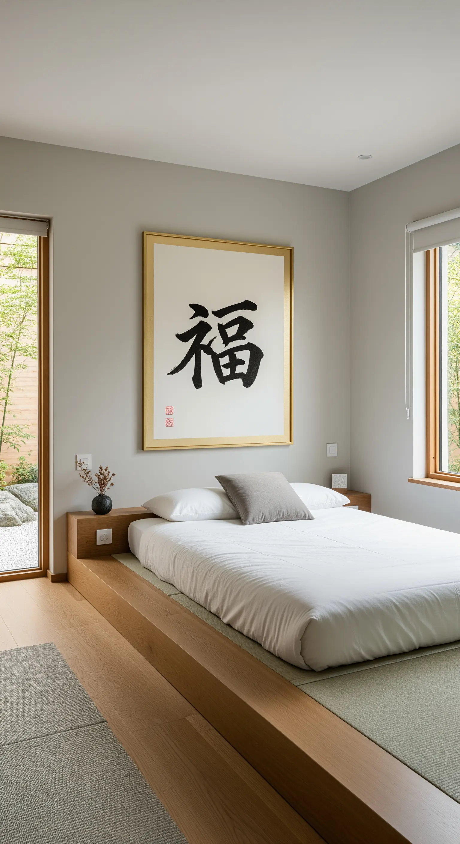 Minimalistisches Japandi-Schlafzimmer mit einem großen Kalligrafie-Kunstwerk in Goldrahmen.