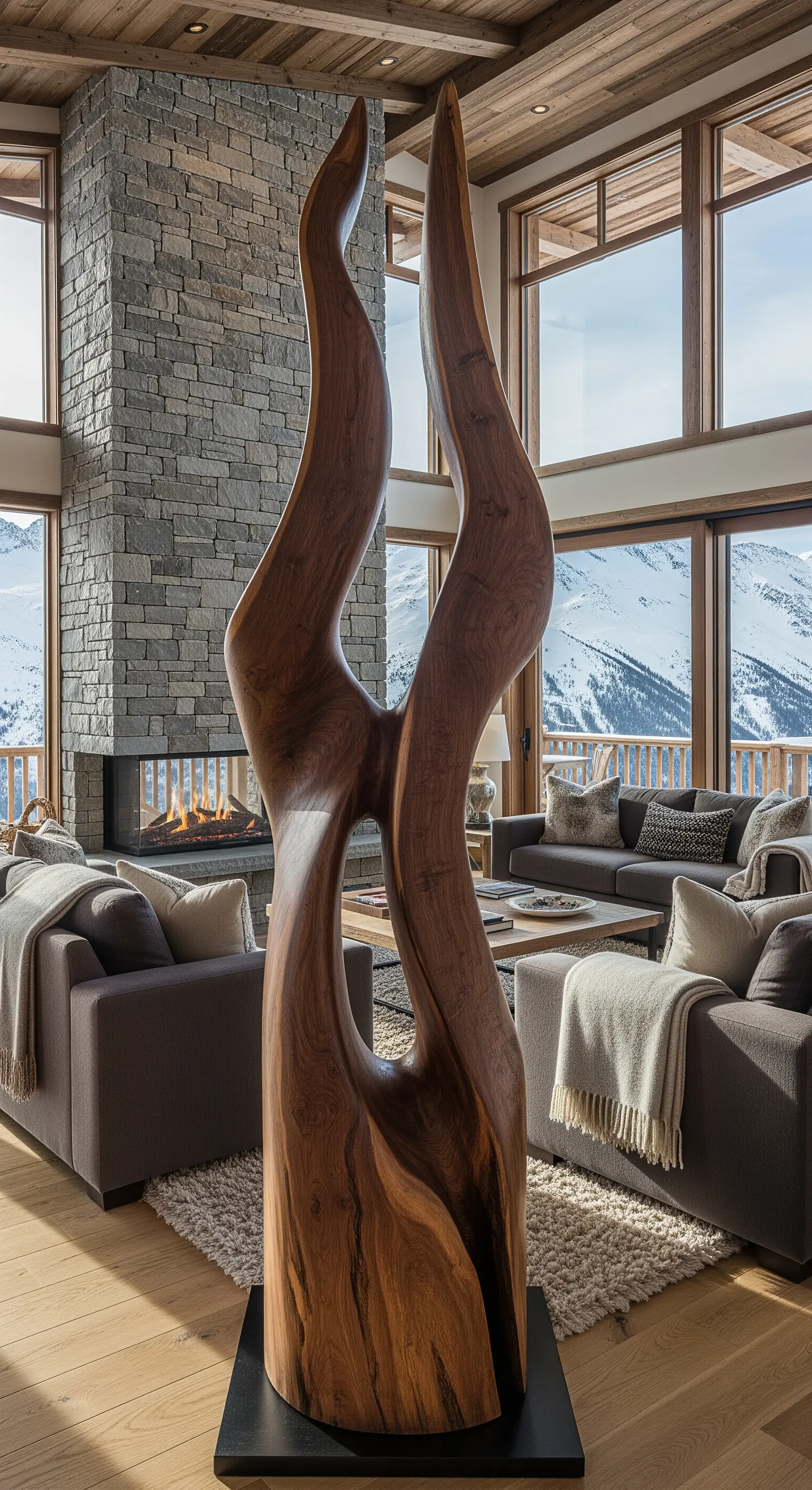 Große, organische Holzskulptur in einem modernen Chalet mit Stein-Kamin und Bergblick.