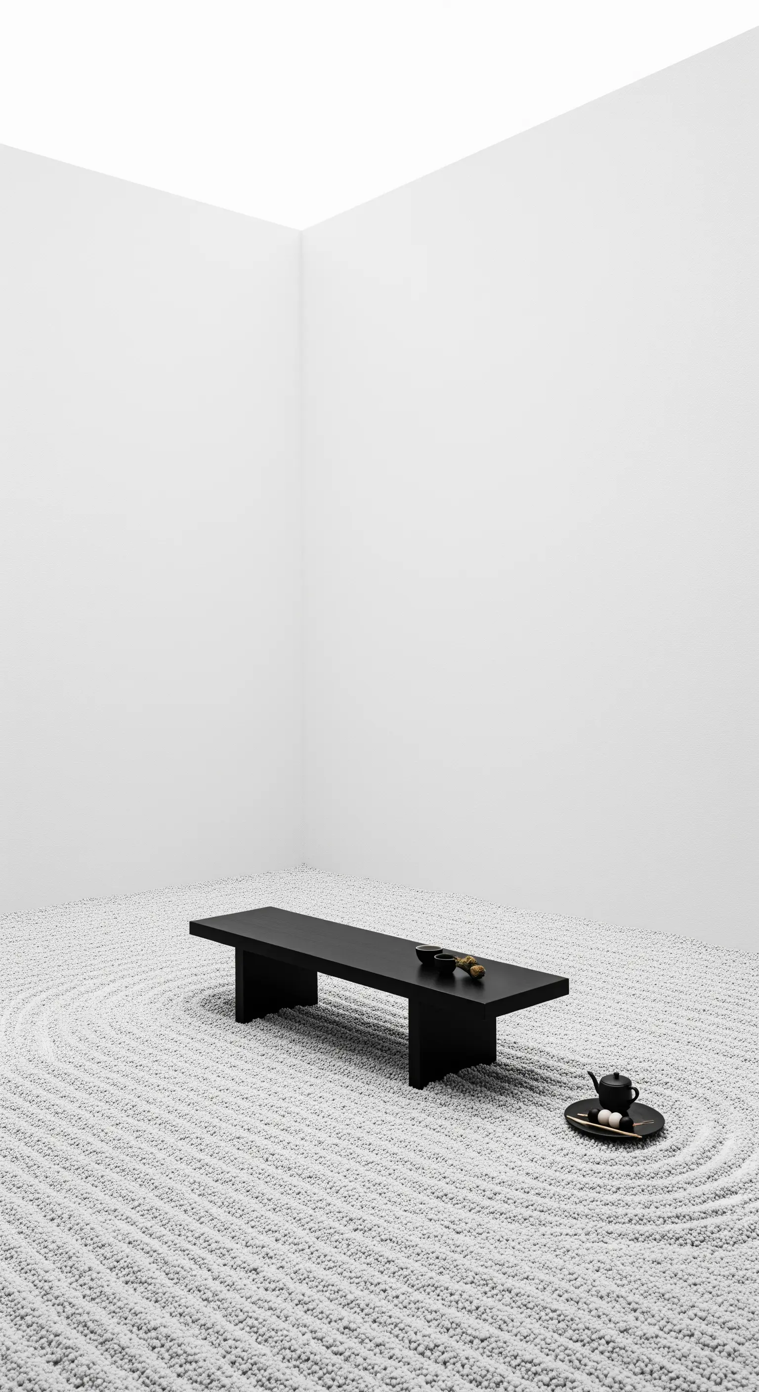 Eine einzelne schwarze Bank in einem minimalistischen Zen-Garten aus weißem Sand