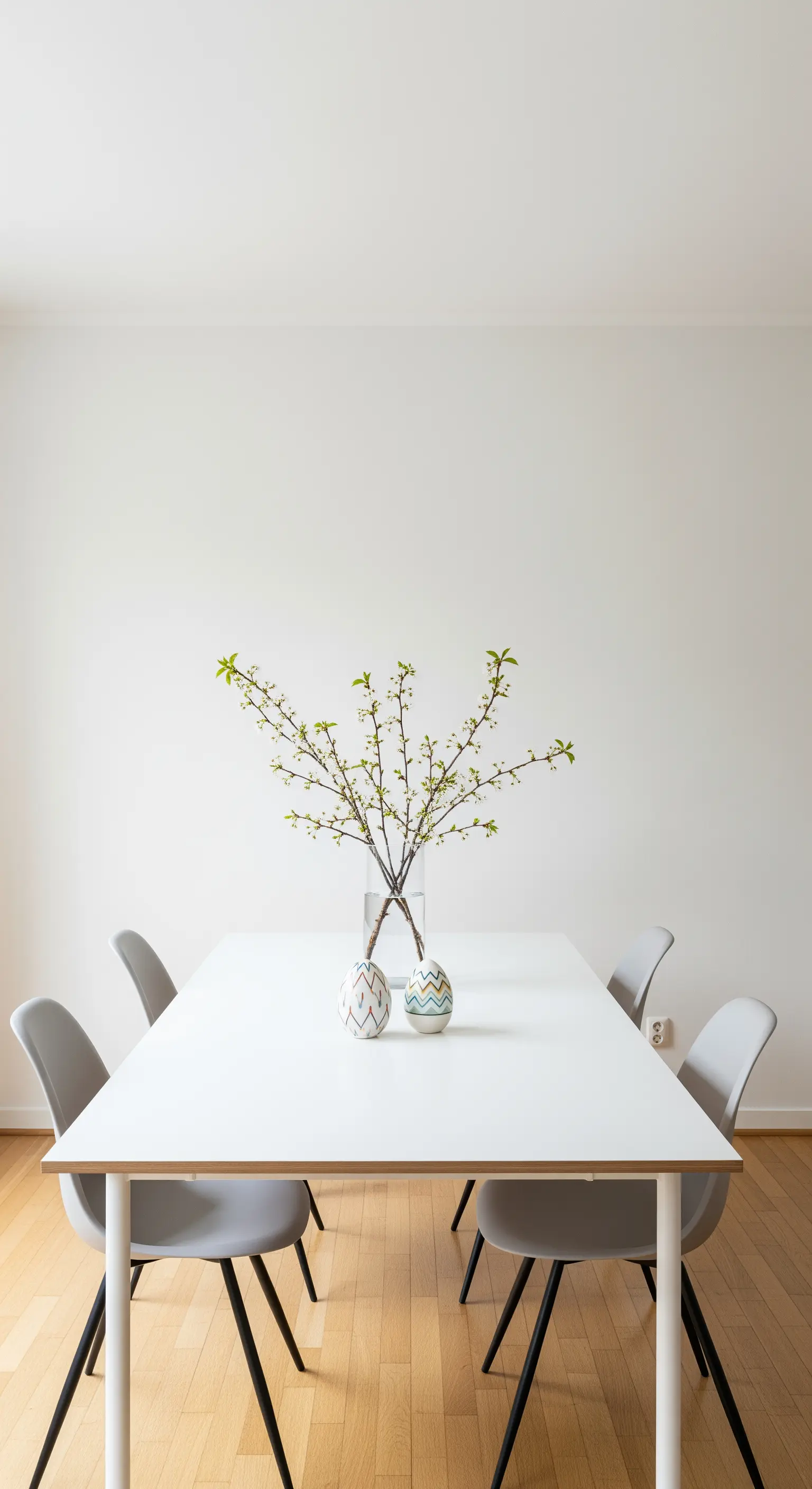 Minimalistischer weißer Esstisch mit einer Vase mit Zweigen und zwei Eiern in der Mitte