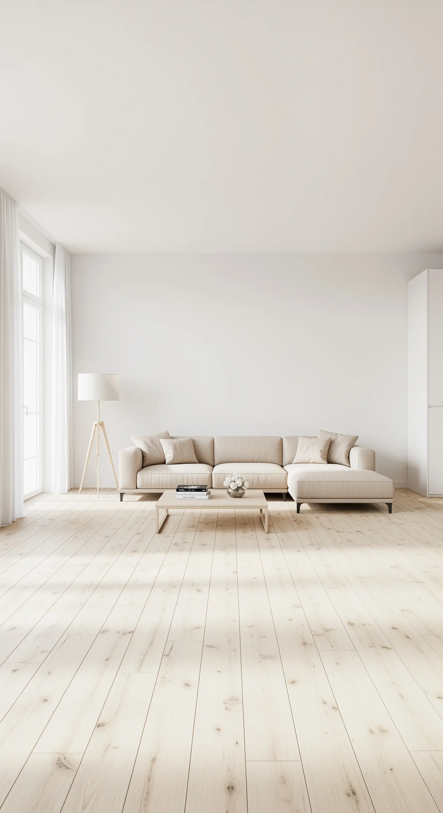 Weitläufiges, minimalistisches Wohnzimmer mit viel freier Wand- und Bodenfläche.