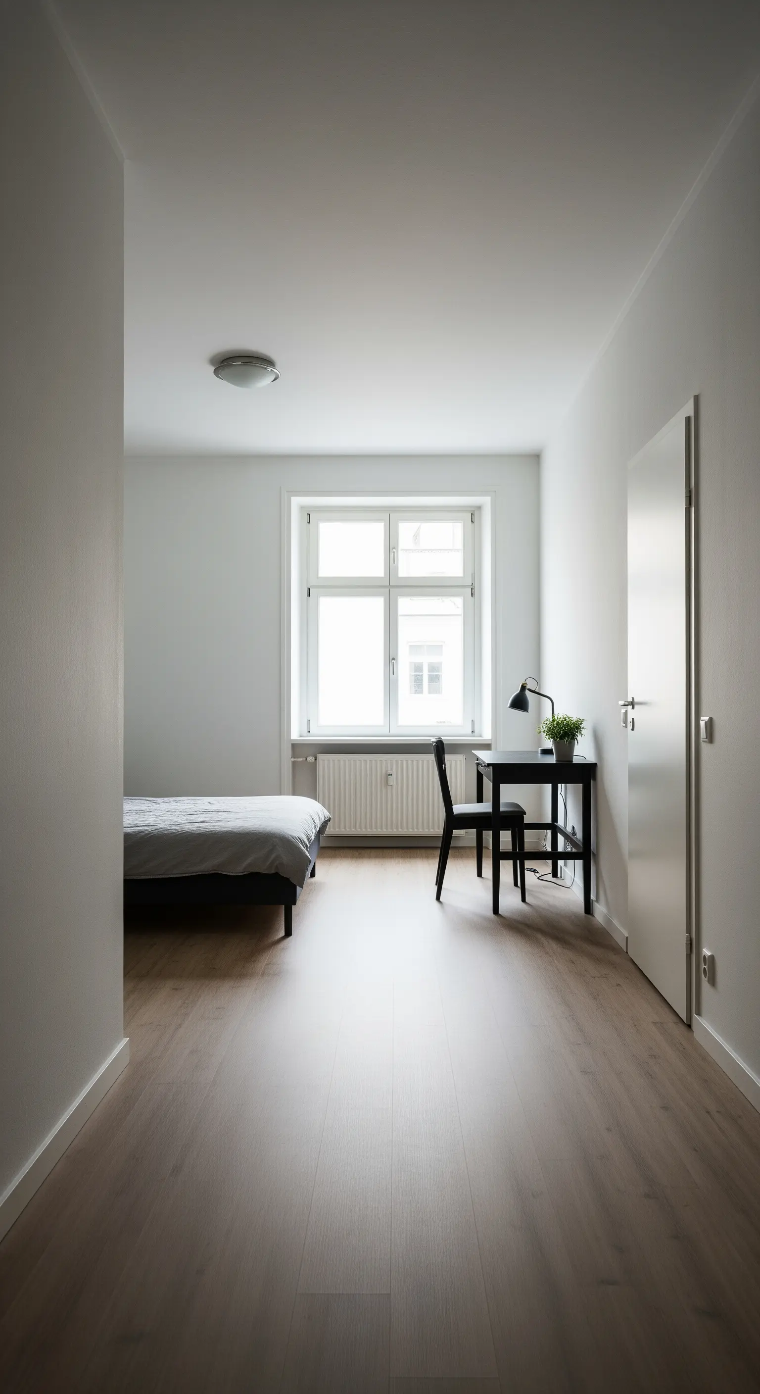 Sehr spärlich eingerichtetes Zimmer mit Bett und Schreibtisch, viel freier Bodenfläche.